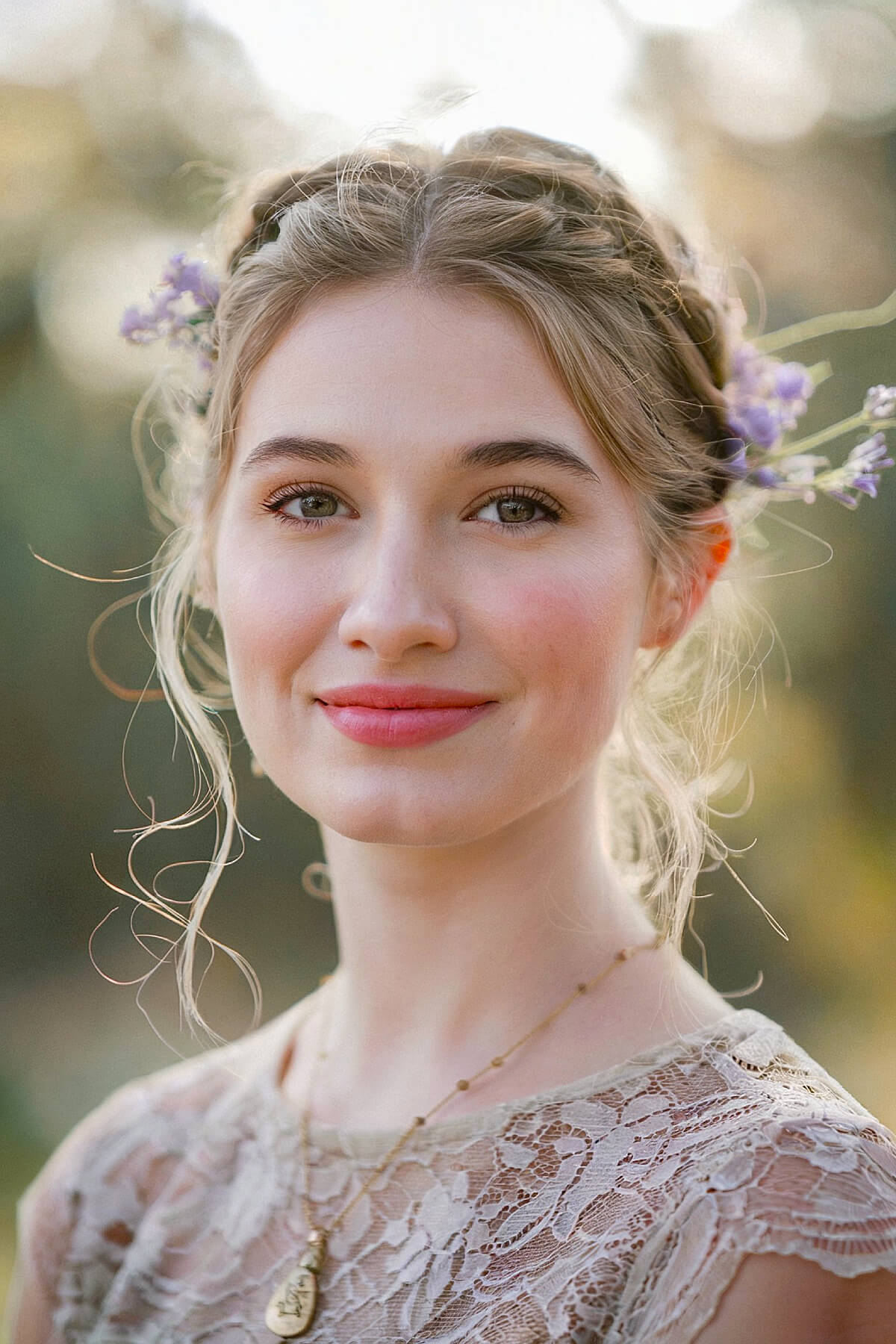 Halo braid wedding hairstyle with floral accents