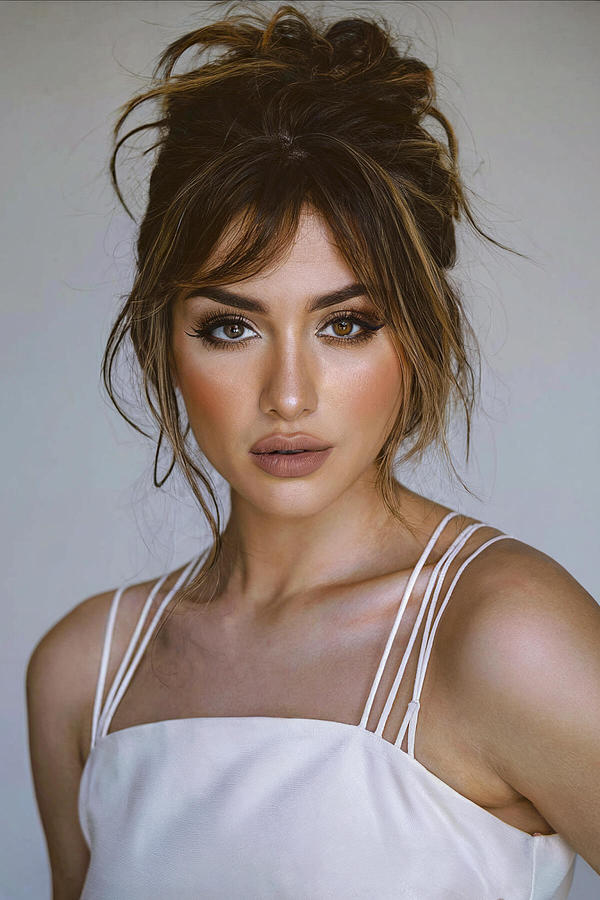 Messy bun with face-framing bangs for homecoming hairstyle