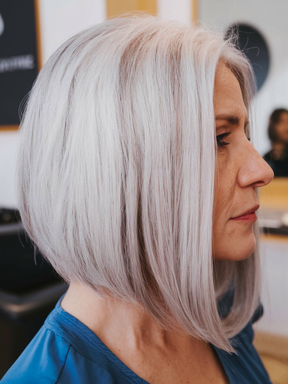 A-line bob with a sleek, straight finish, ideal for mature ladies who prefer a polished and sophisticated look