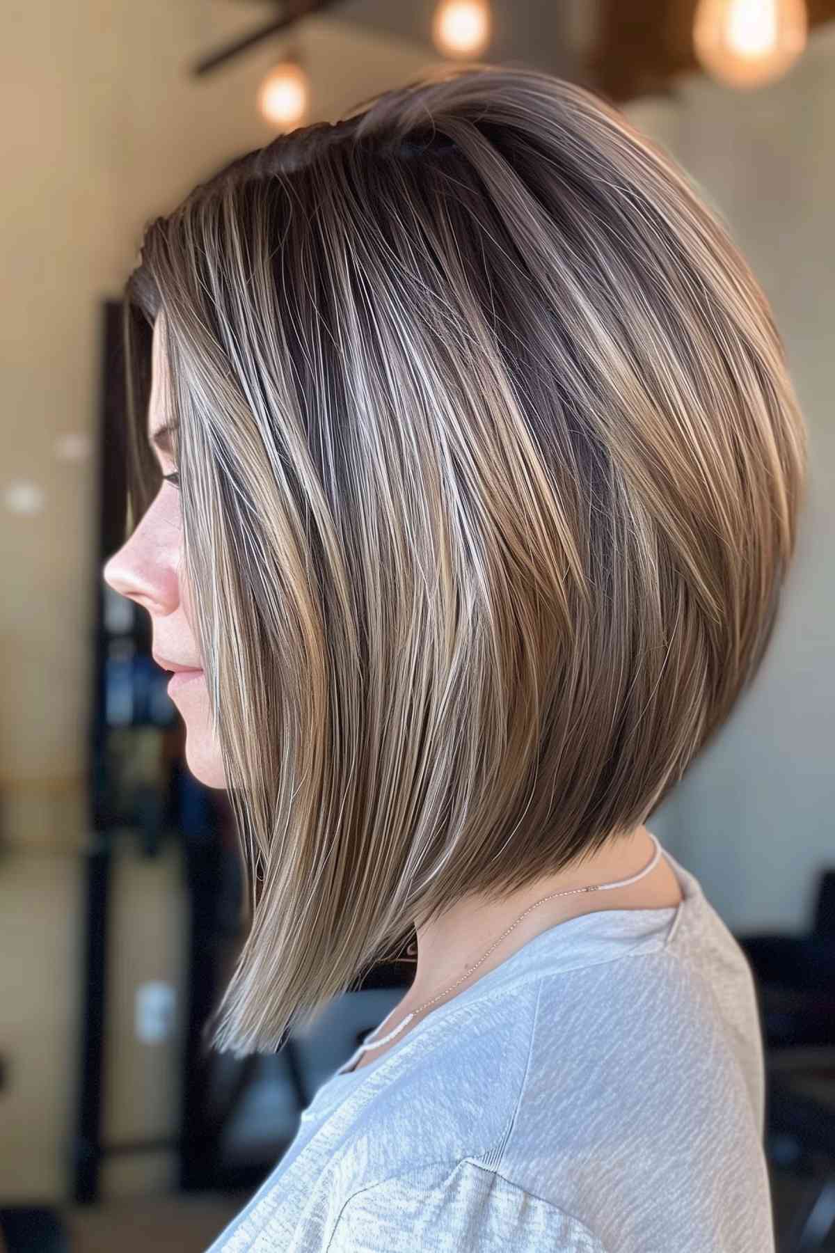 A-line bob hairstyle for thick hair with highlights