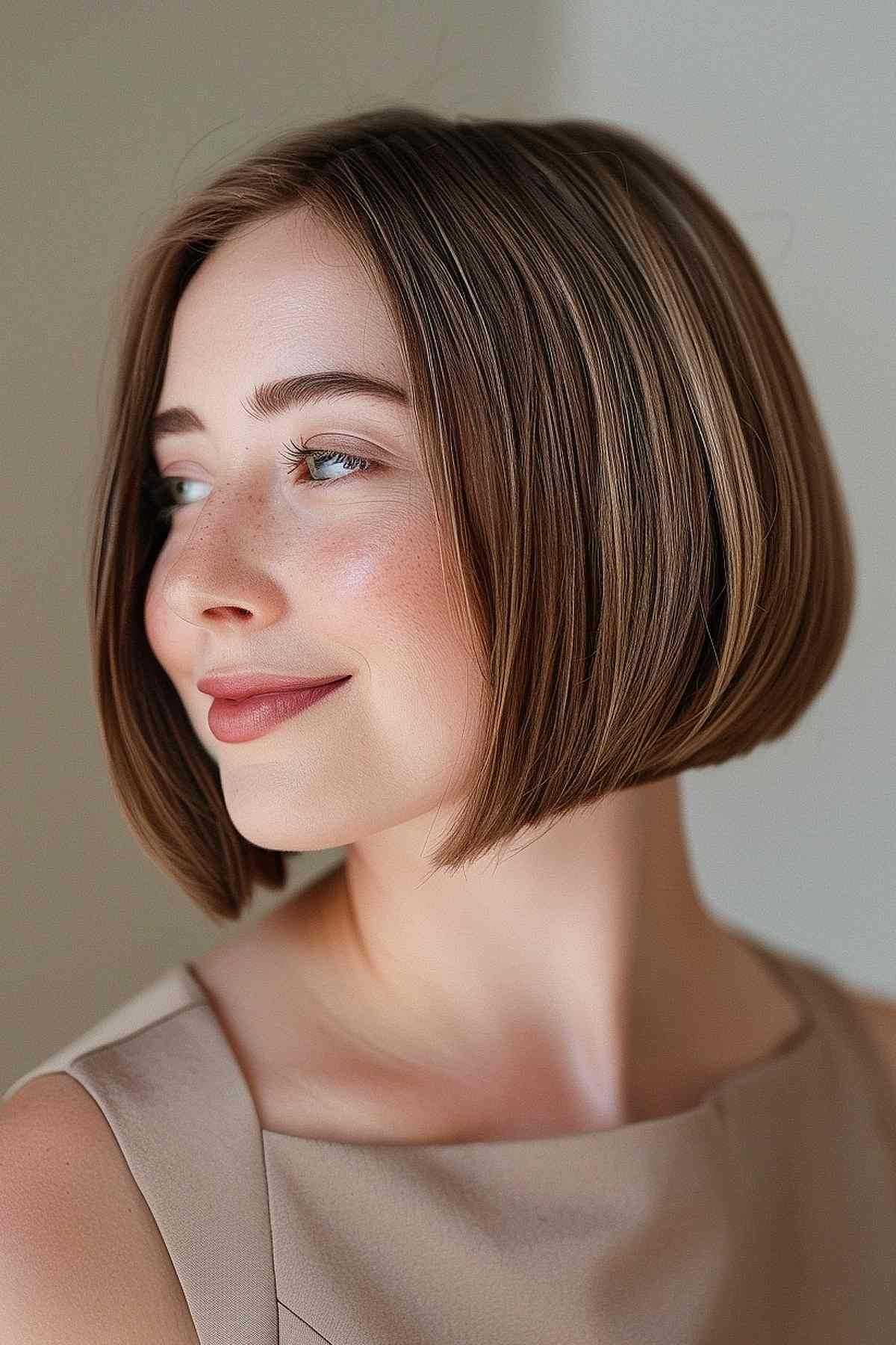 Featuring long front layers and a sleek, straight cut, this A-line chin bob is perfect for round faces.