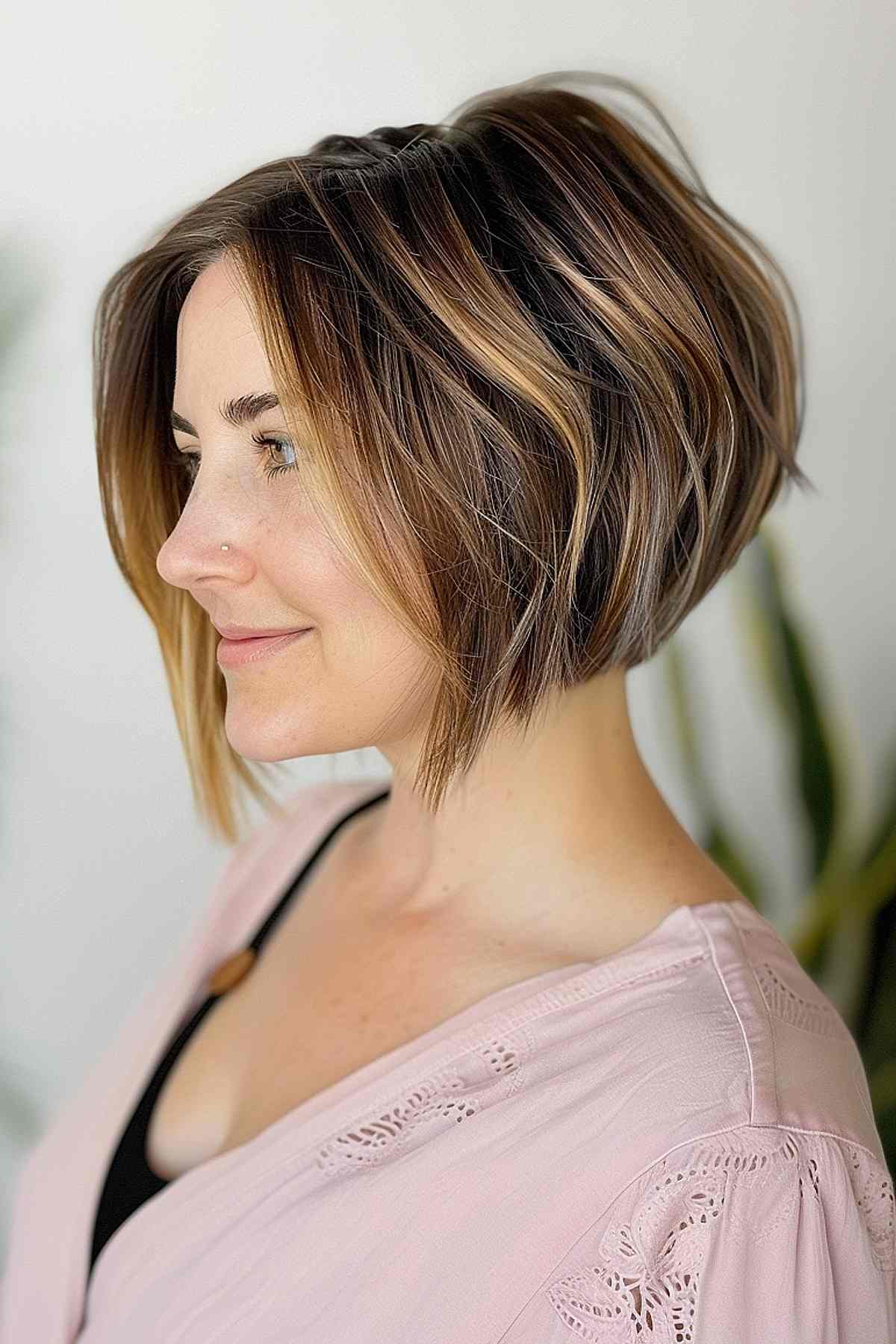 An A-line, chin-length bob with subtle highlights to add depth and dimension.