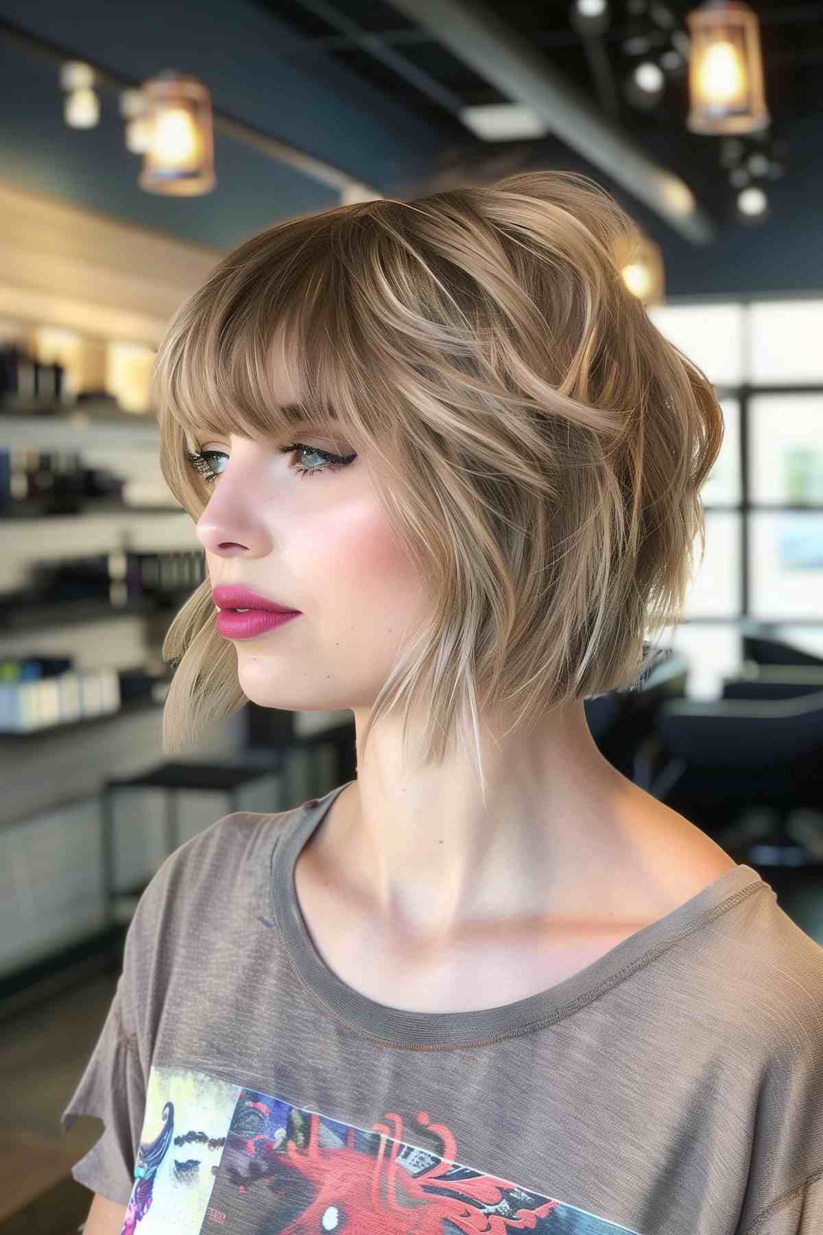 A-line shaggy bob with bangs for fine hair