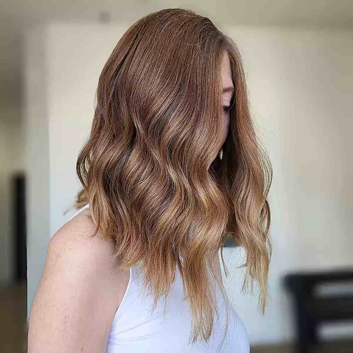 A-Line Wavy Lob with Choppy Ends and Side Part on Thick-Haired Women