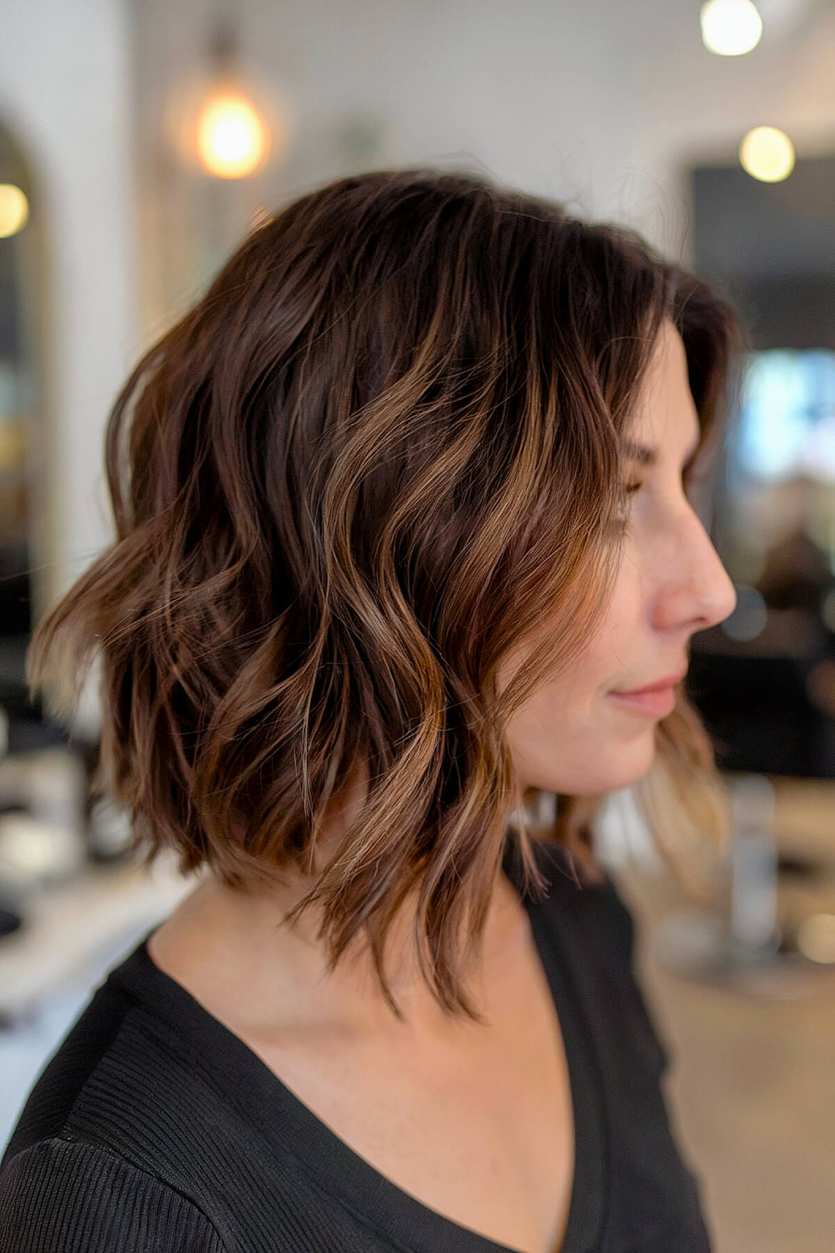 A long angled bob with soft waves and blended layers, creating effortless volume and movement