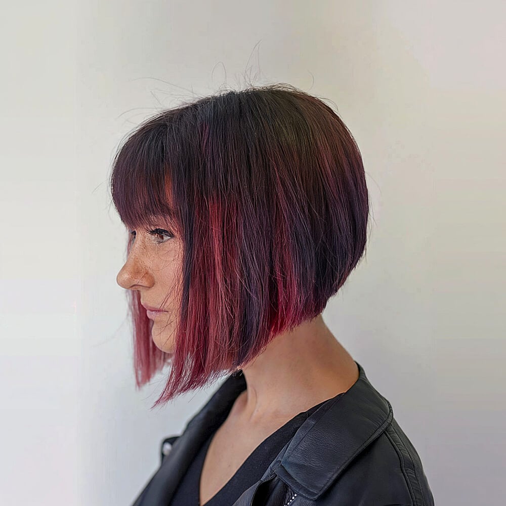 Mature Woman with A-Line Bob and Burgundy Ombre