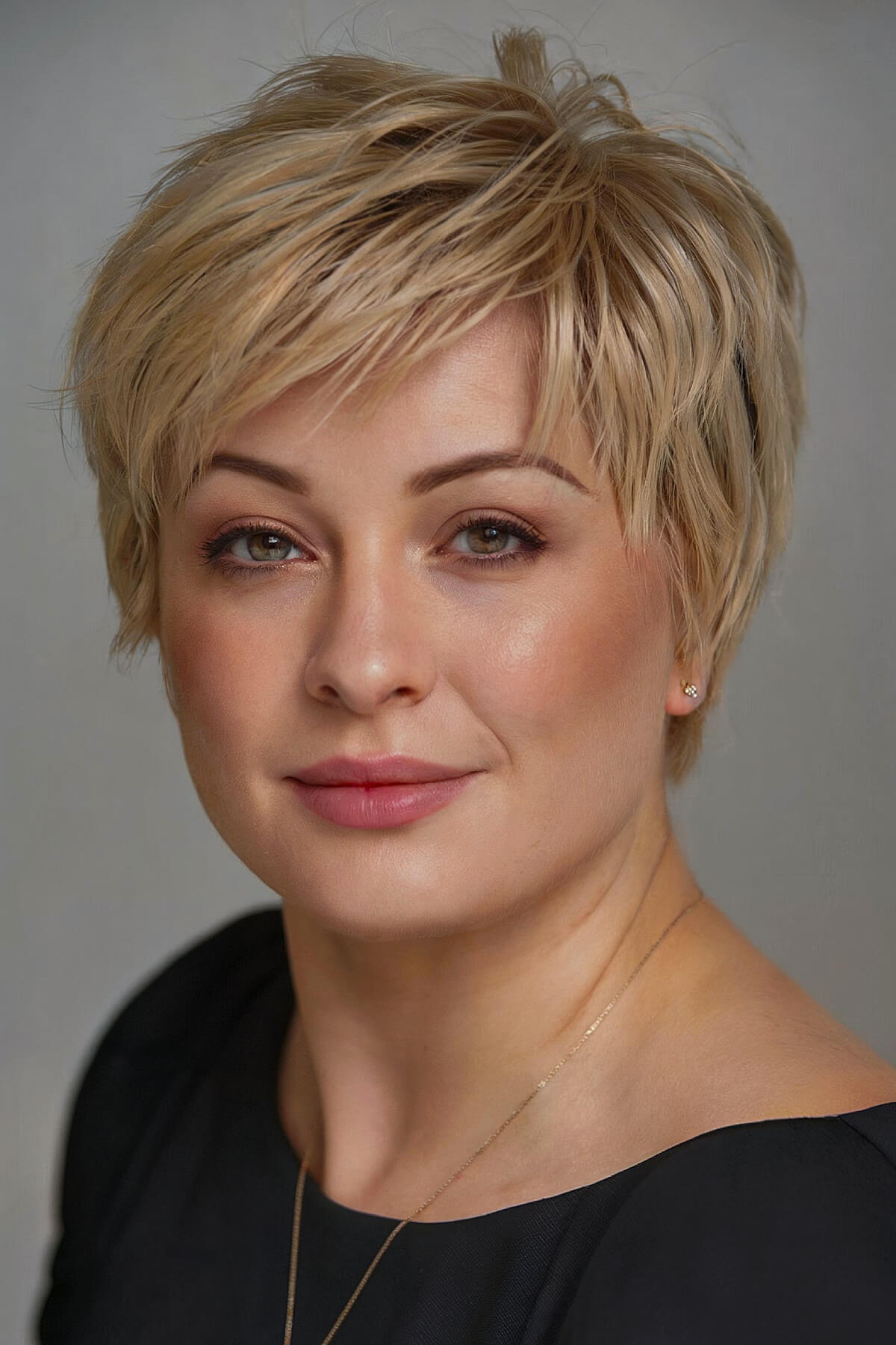 Pixie haircut for plus size women over 50 with tapered back and soft layers