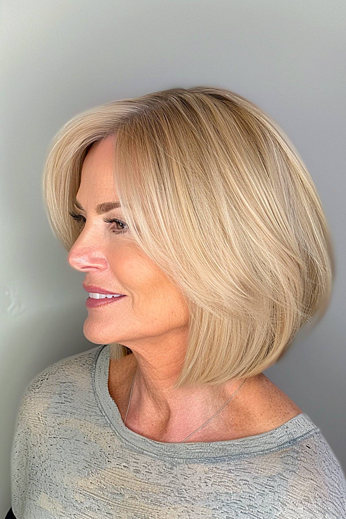 Blonde stacked bob with highlights and layers