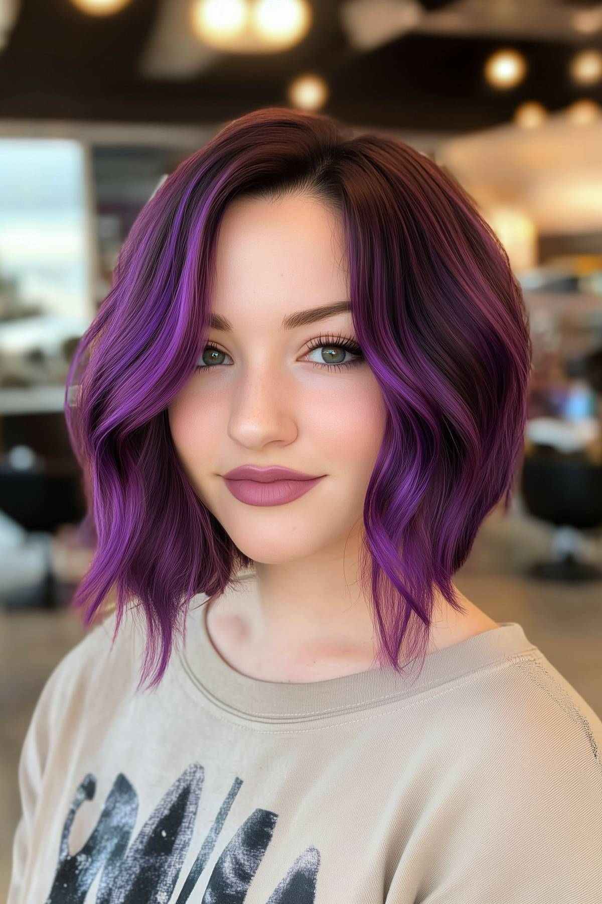 spunky bob hairstyles with an angled cut, rich purple color, and subtle waves for a bold look