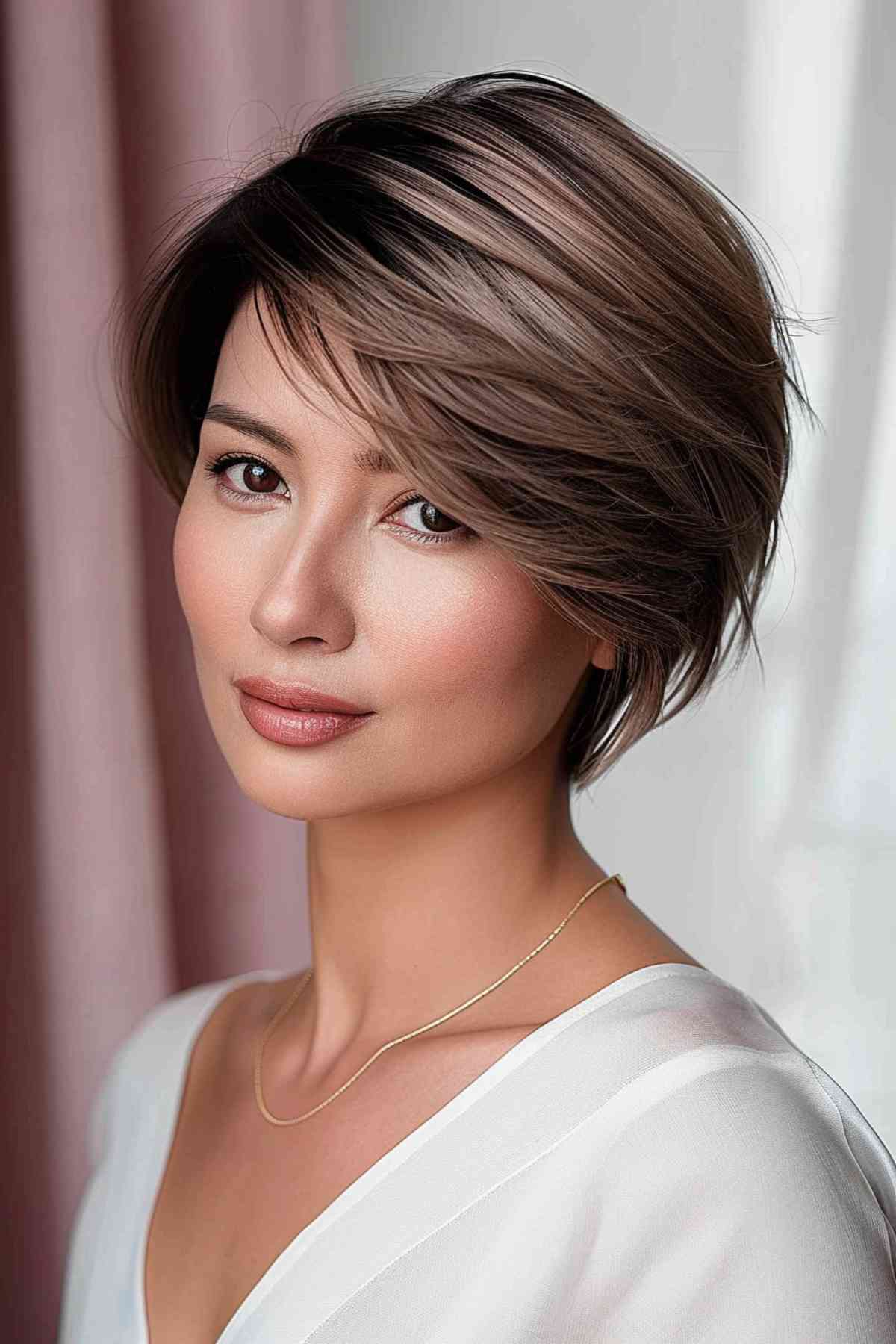 A subtle pixie bob with a gentle side part, ideal for daily wear