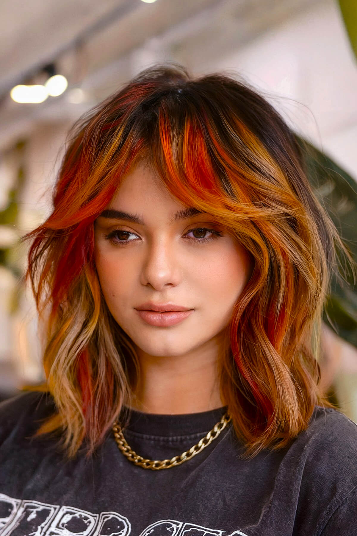 Edgy medium length layered hair with orange highlights