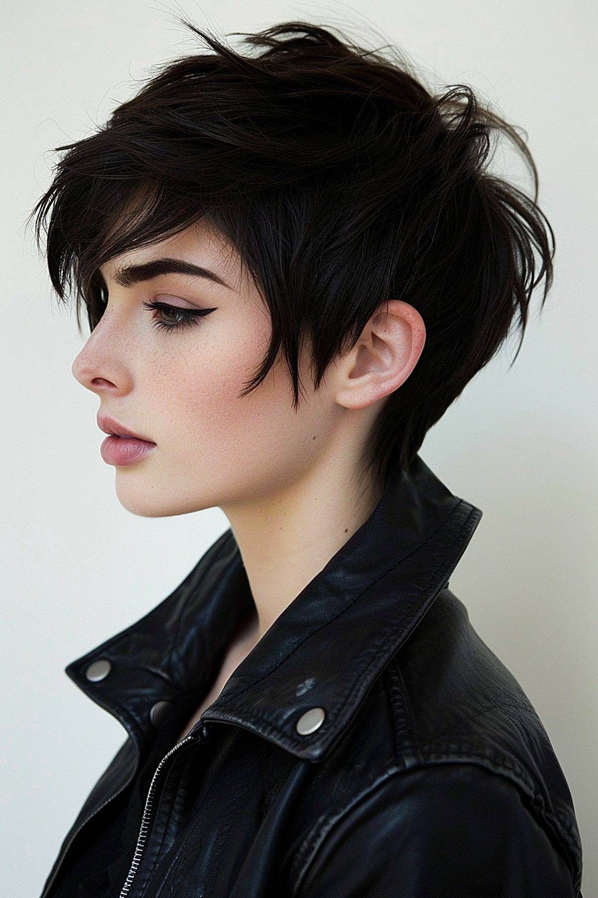 Layered short haircut with wet-look styling