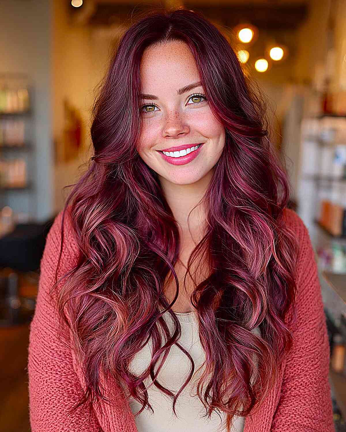 Vibrant long layered curls with bold highlights