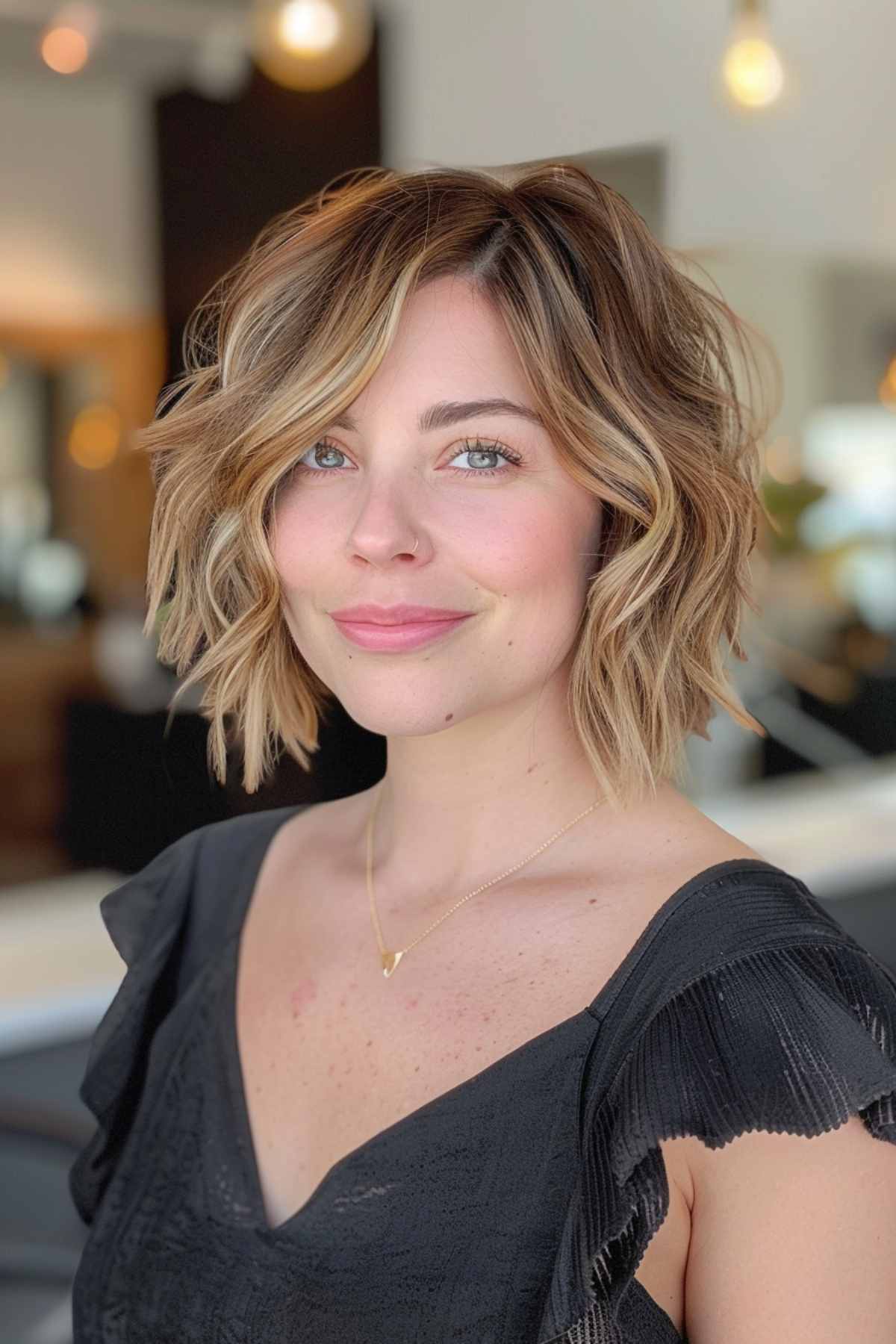 above-shoulder textured bob with a fringe and side part