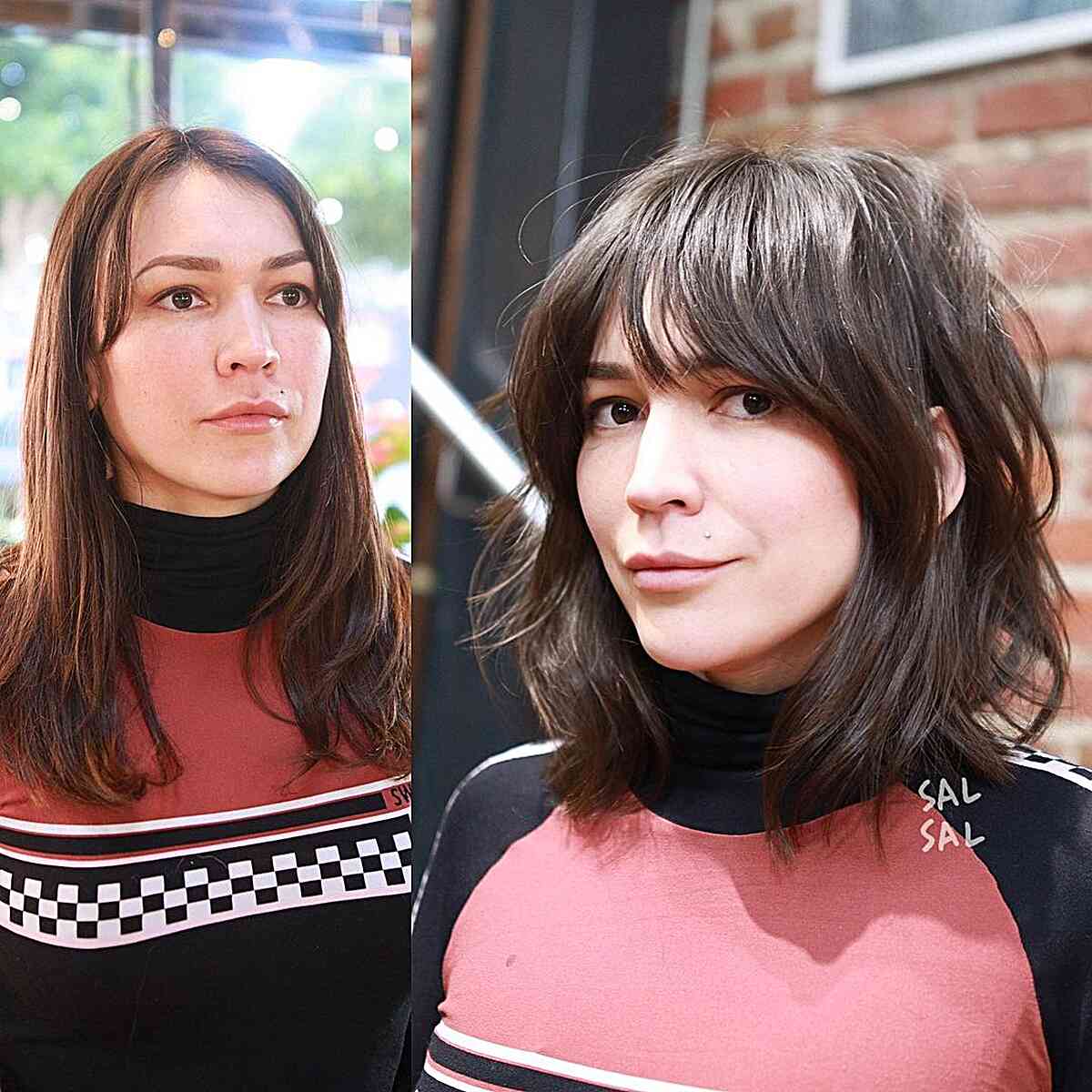 Above-the-Shoulder Chocolate Brown Bob with Bangs for women with a sweet style