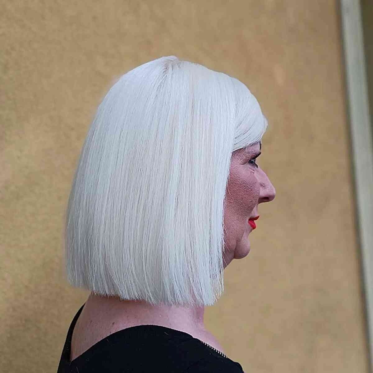 Above-the-Shoulder White Blonde Bob for ladies with straight hair