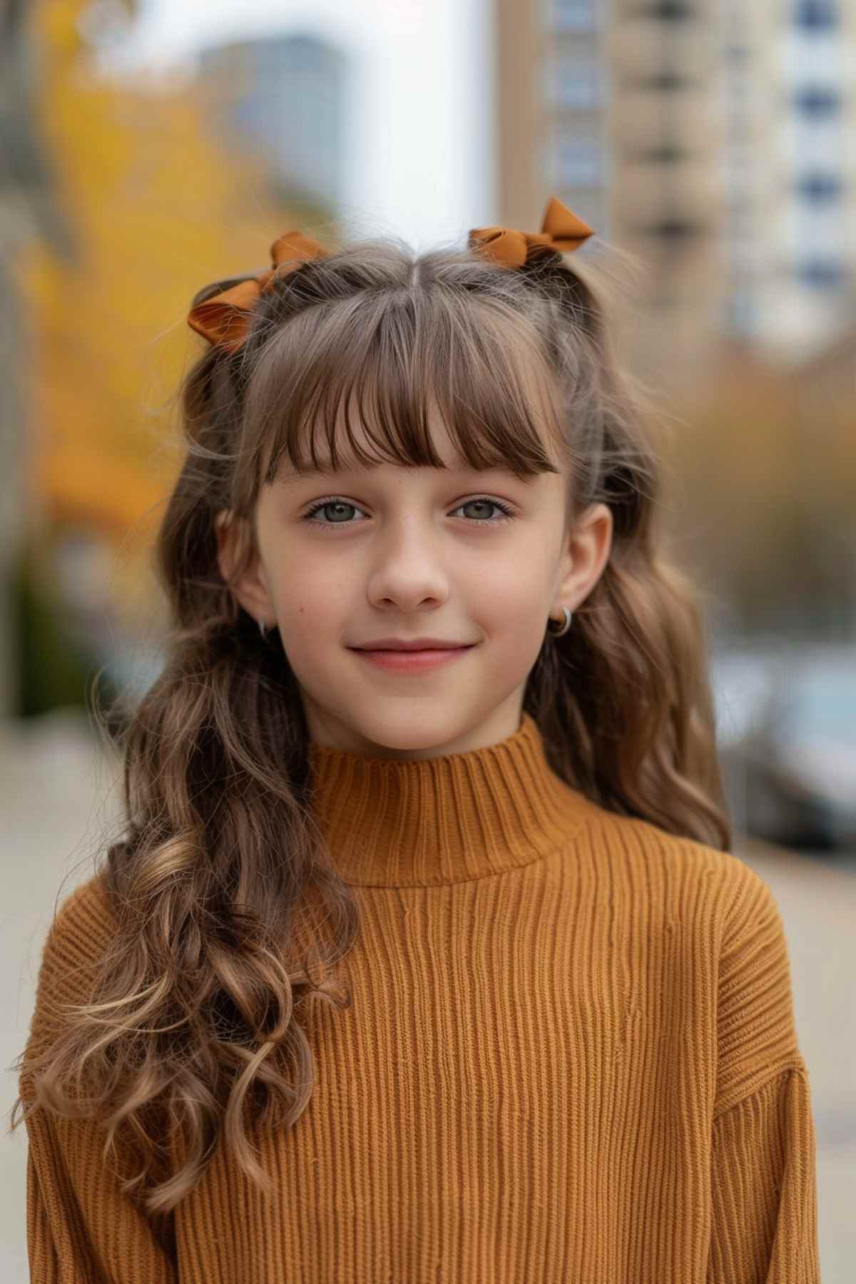 Young girl with double ponytails and bangs, wearing a mustard turtleneck