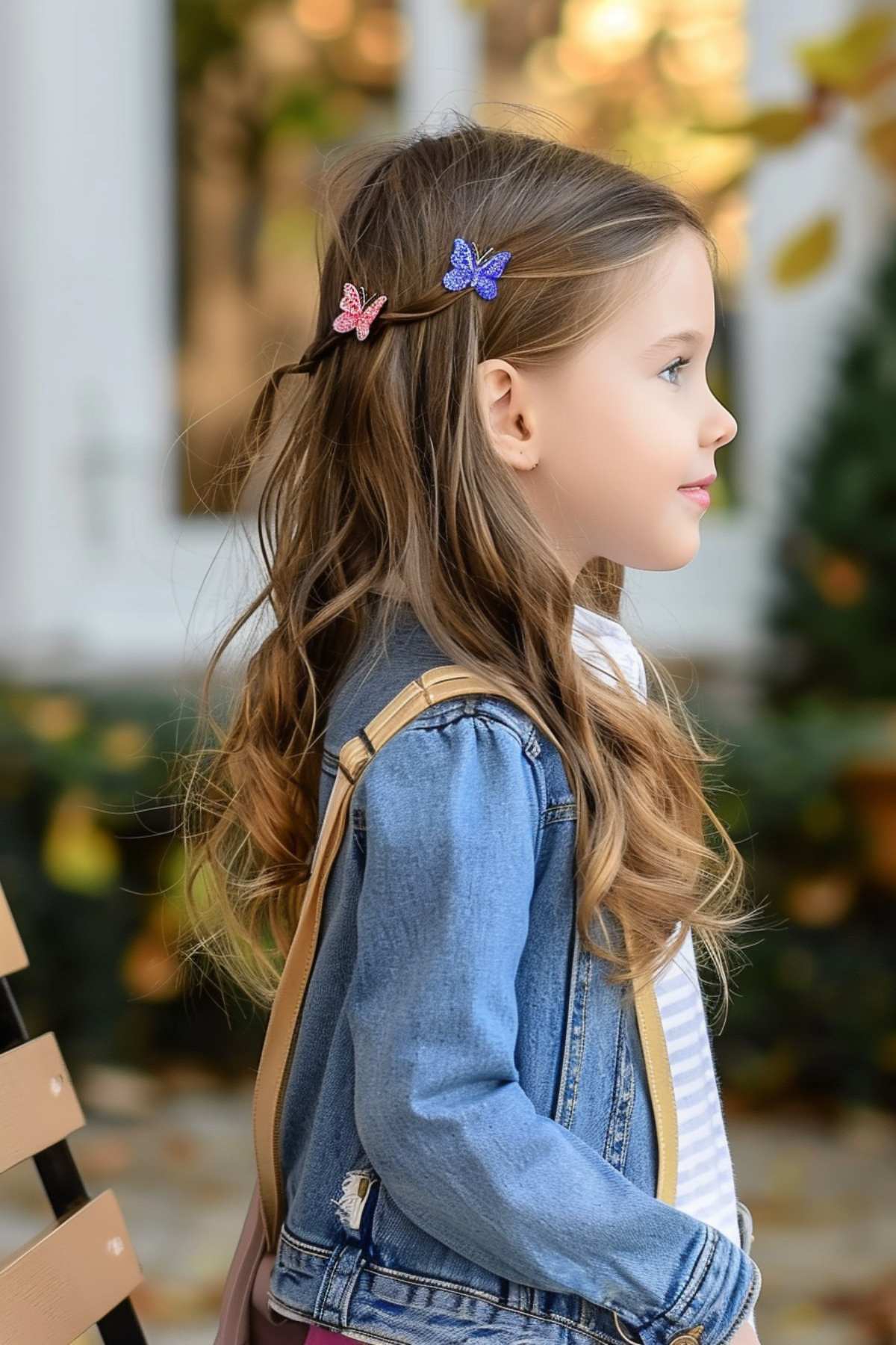 Adorable half-up hairstyle with butterfly hair clips for 7-year-old girl