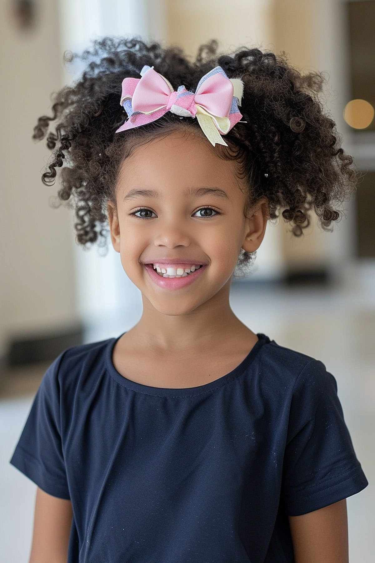 Young girl with two high puffs and a bow, perfect for 4C hair