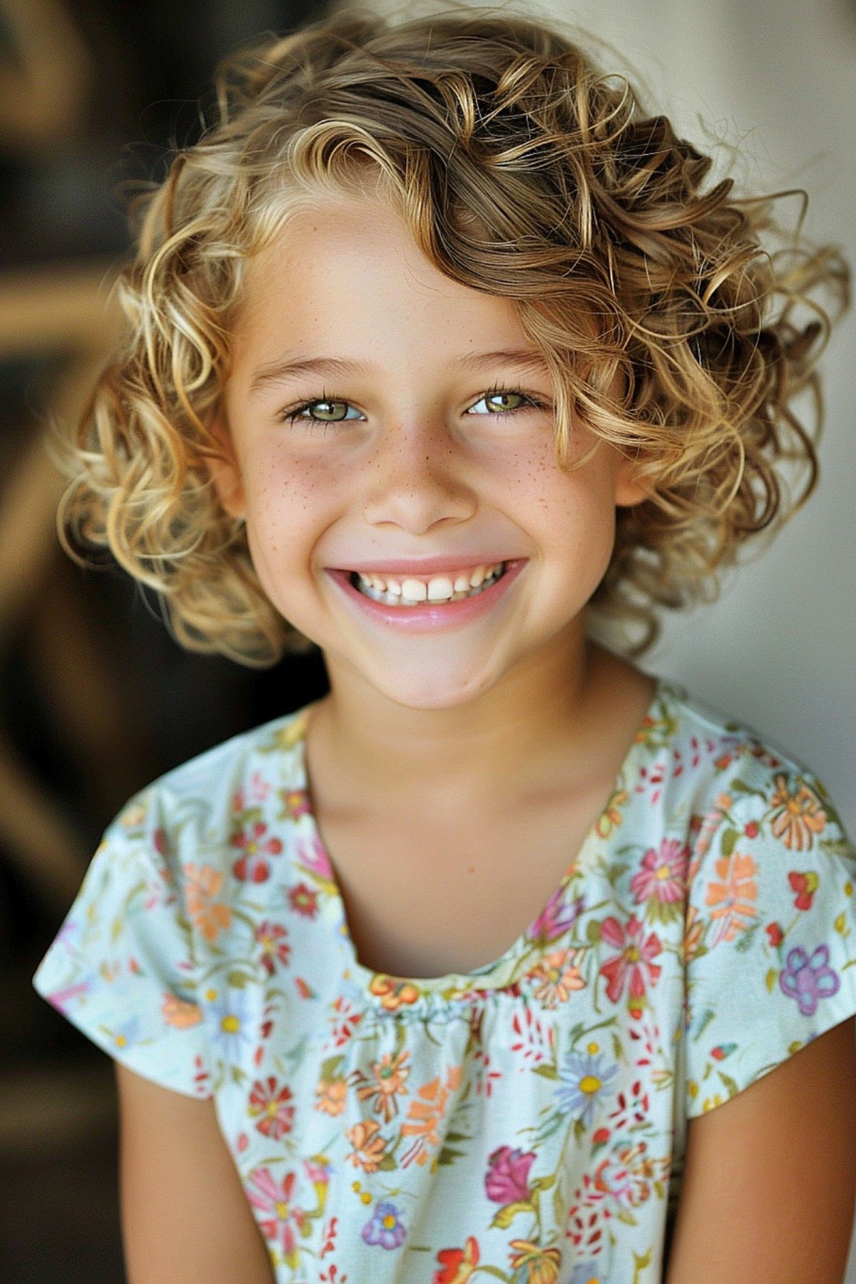 Young girl with short blonde curly hair for school