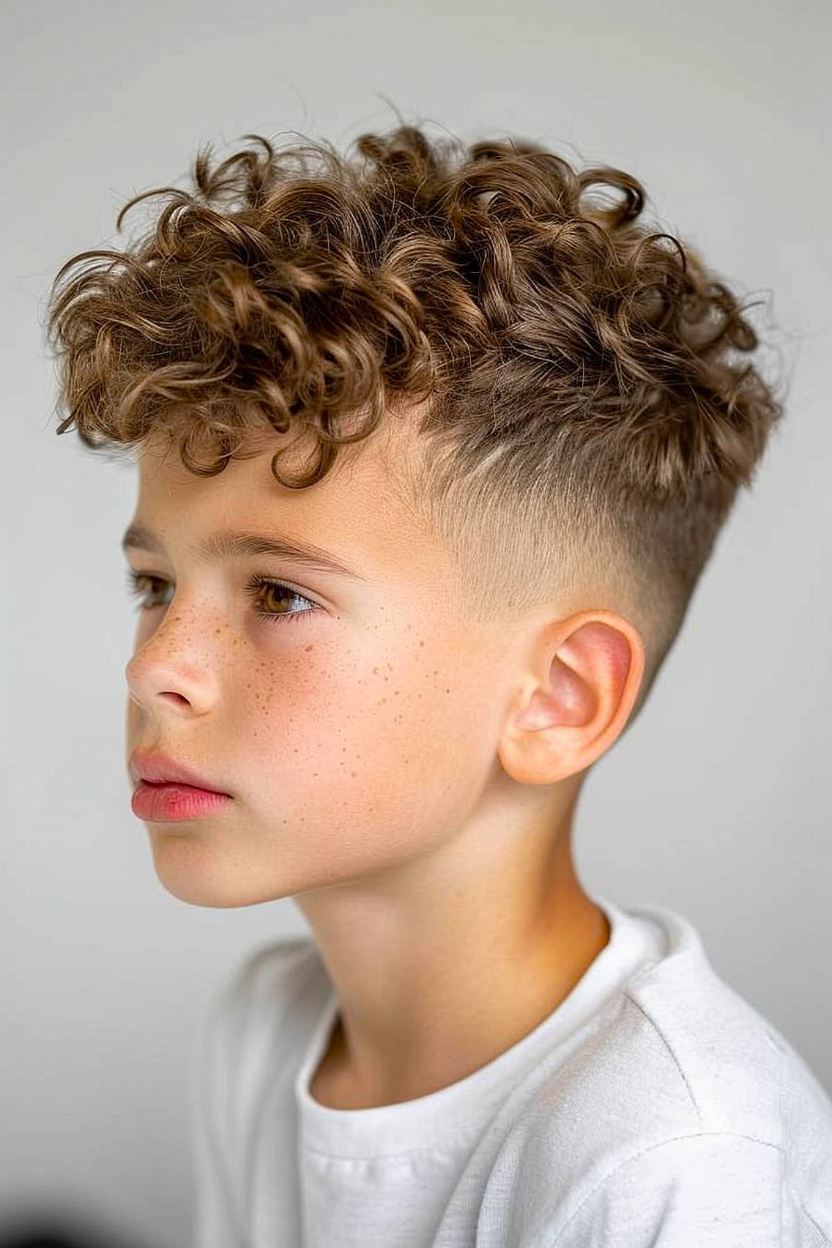 Tapered curly haircut with faded sides for boys