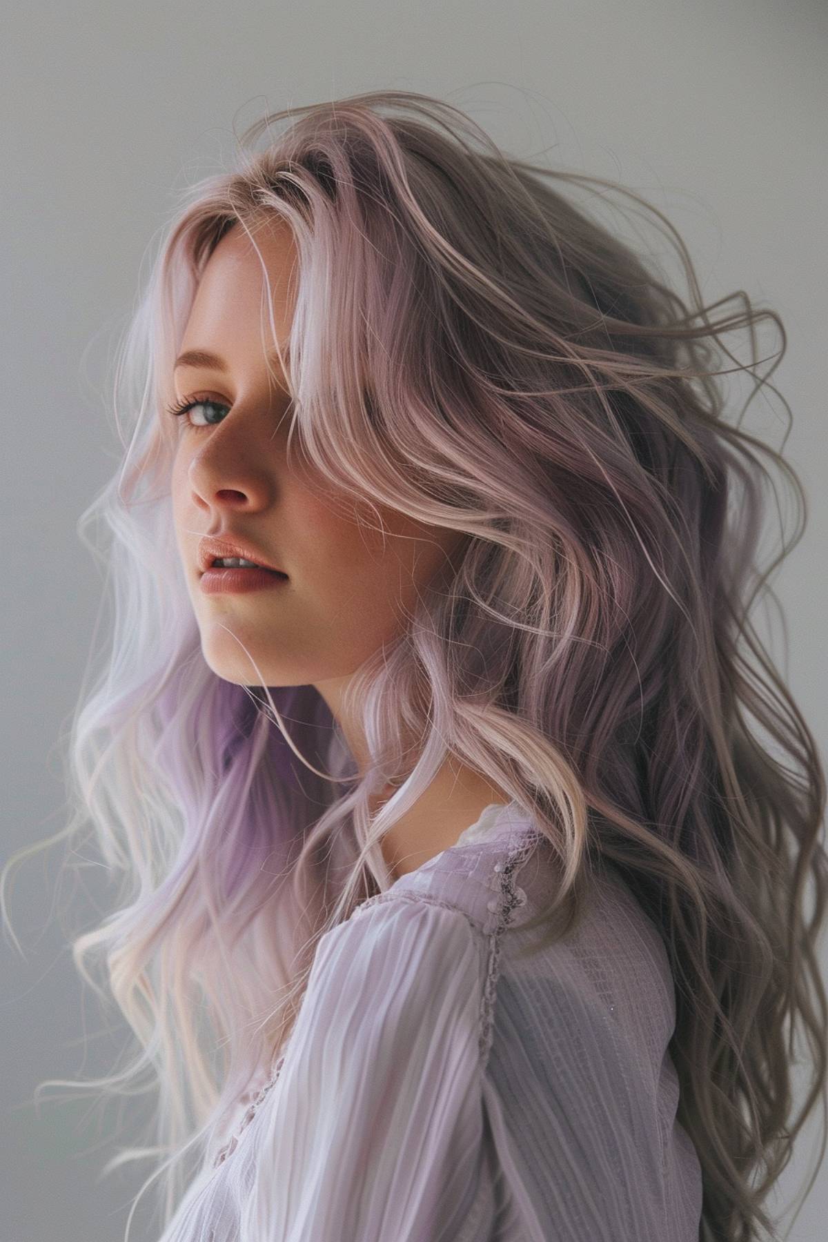 Aethercut hair featuring long pastel lavender waves with a seamless platinum ombre