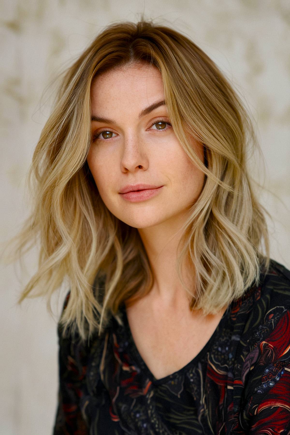 Lightly textured medium-length lob with face-framing highlights and soft waves