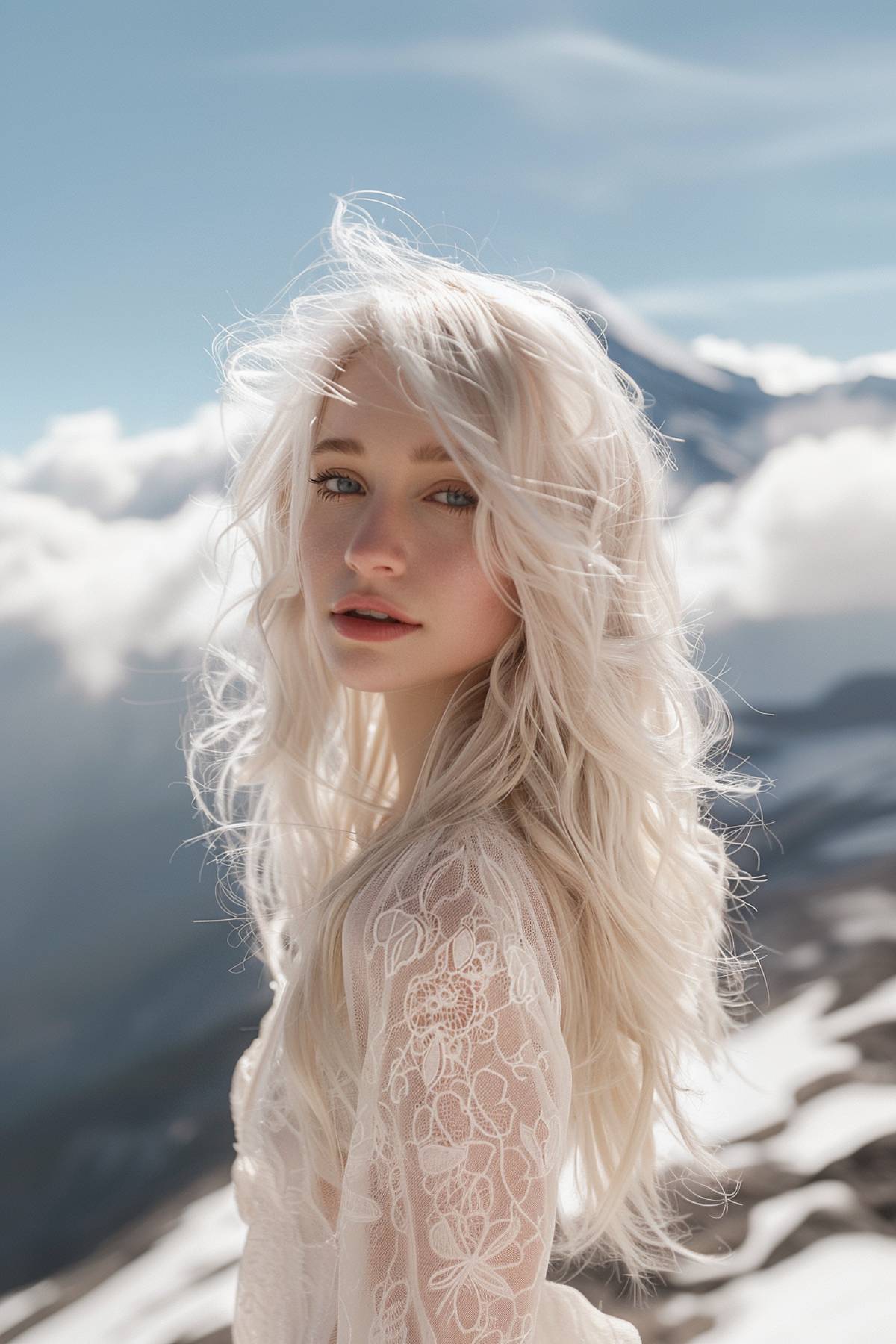 Platinum blonde tousled waves on long hair