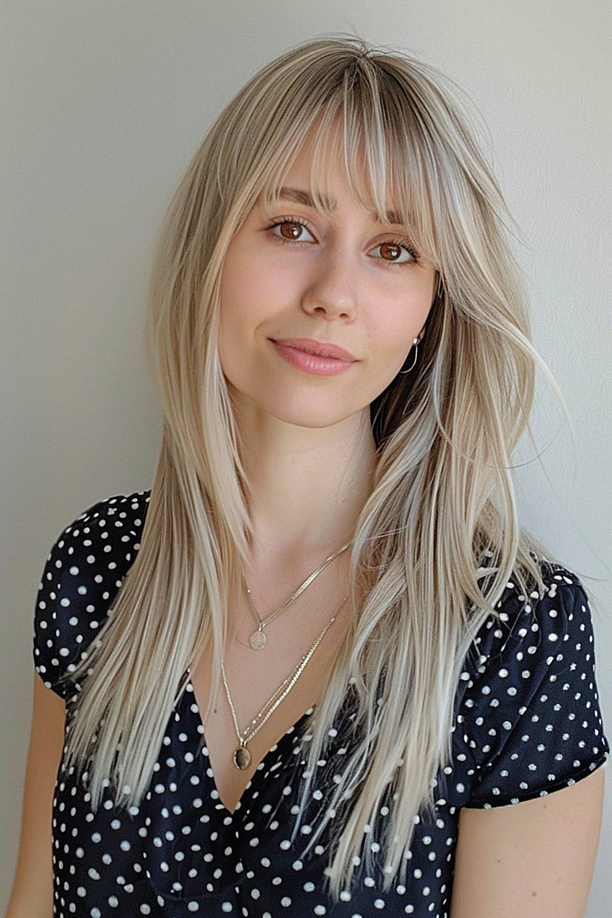 Airveil hairstyle with curtain bangs and blonde balayage