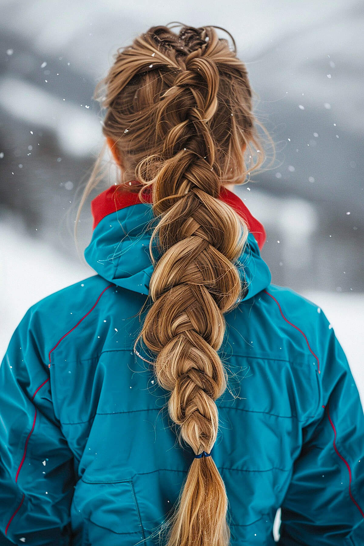 Intricate French braid with bubble sections for secure and stylish skiing hair