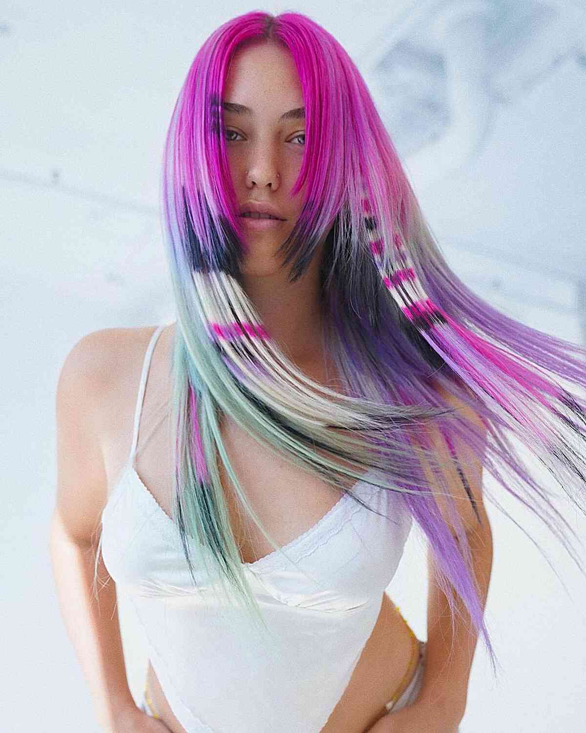 Alt Colorful Hime Cut with Horizontal Dye Job for Long Hair