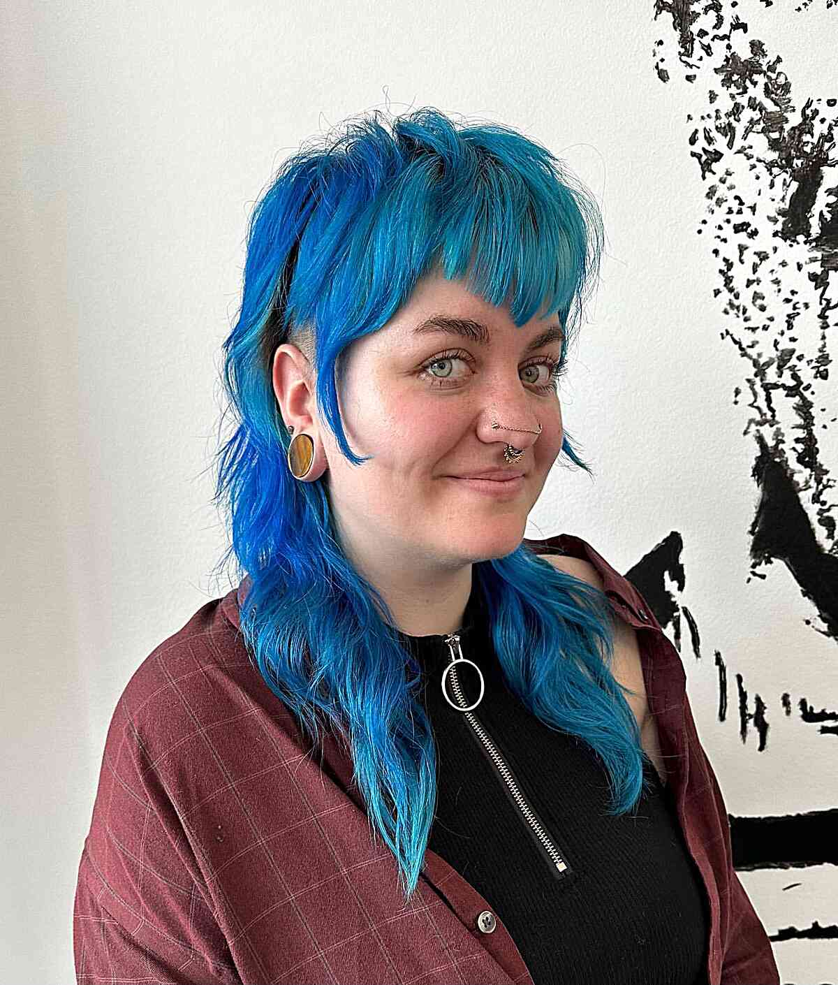 Alternative Mid-Long Blue Razor Cut Hair with Vampire Bangs