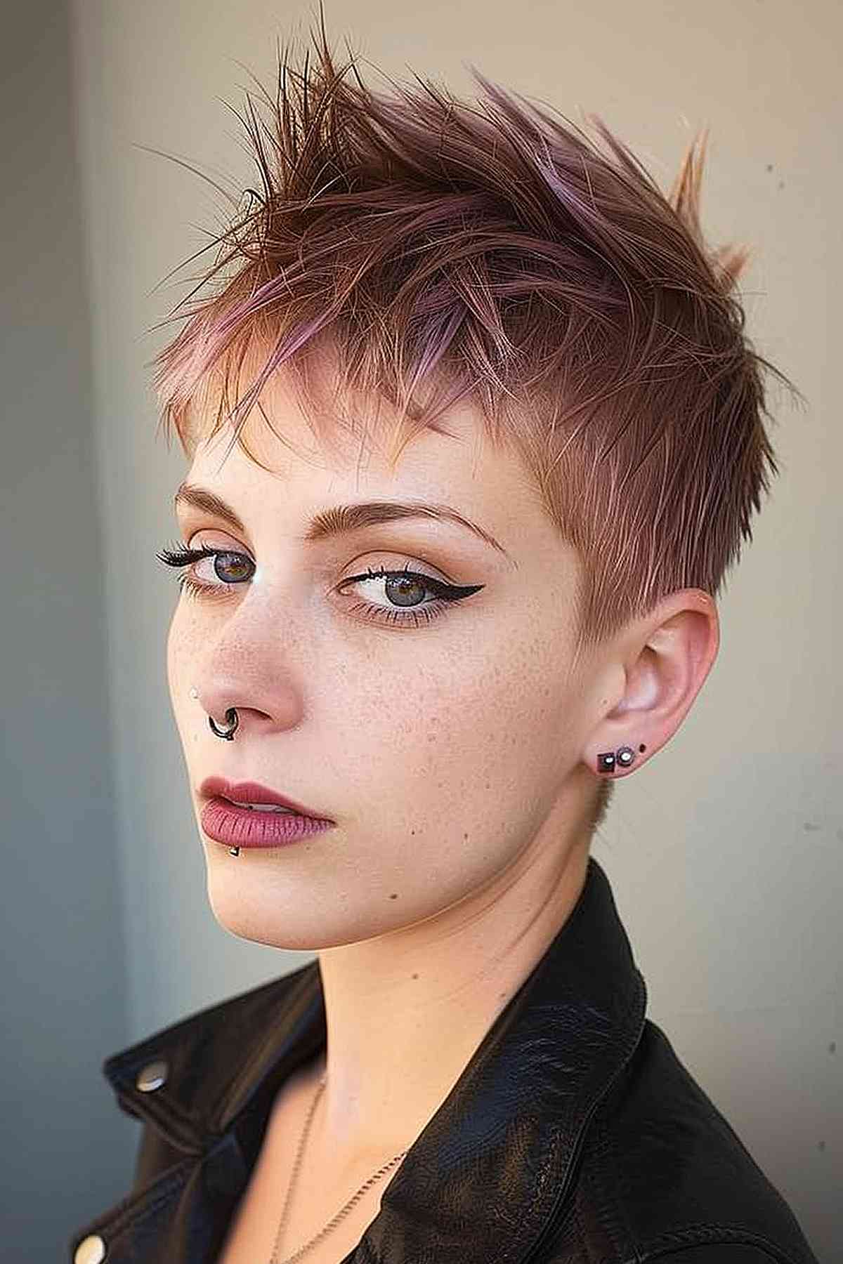 Alternative pixie cut with short, choppy layers and subtle purple highlights on a natural brown base, perfect for an edgy yet manageable look.