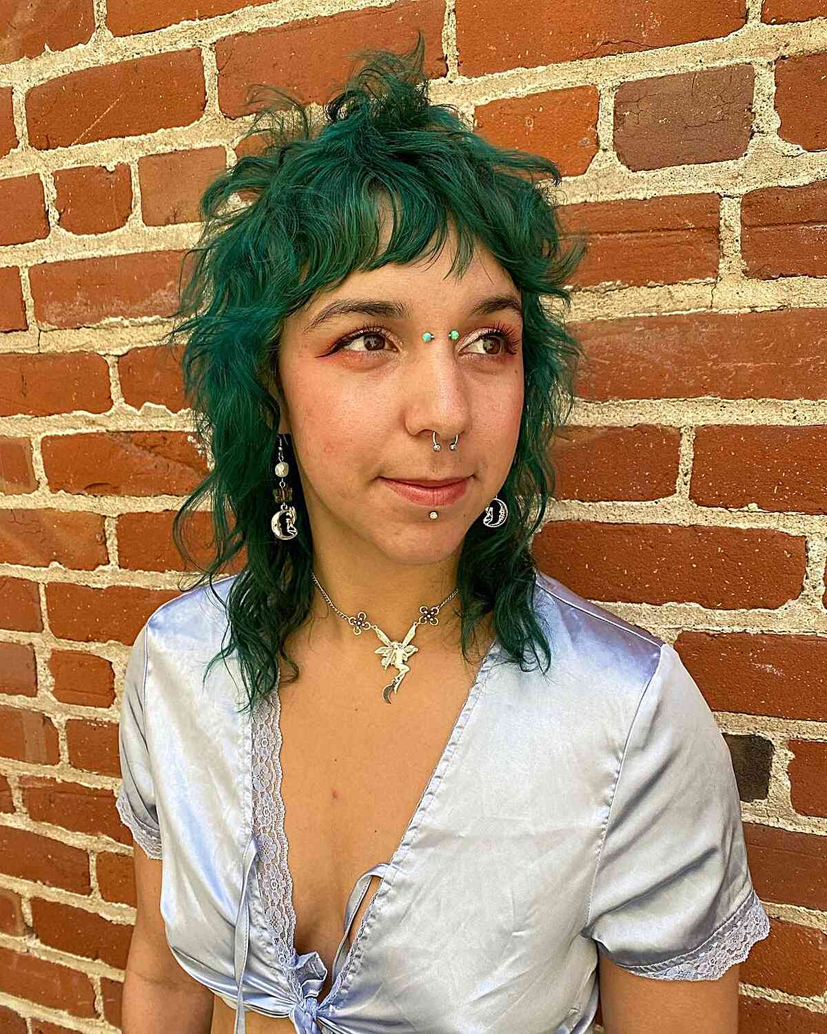 Alternative Mid-Length Textured Green Mullet with Wavy Bangs