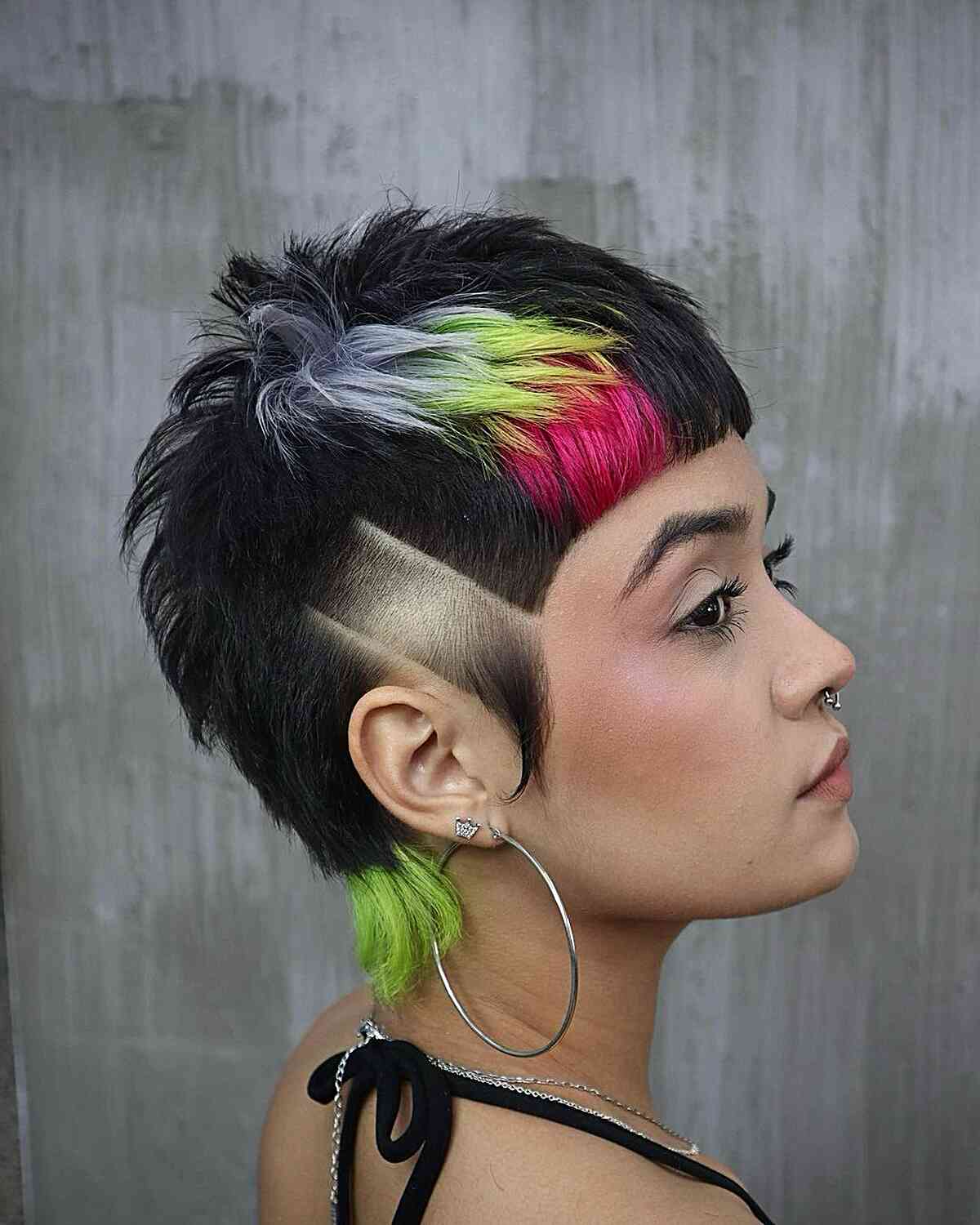 Alternative Unique Pixie Mullet with Shaved Lines and Colored Accents