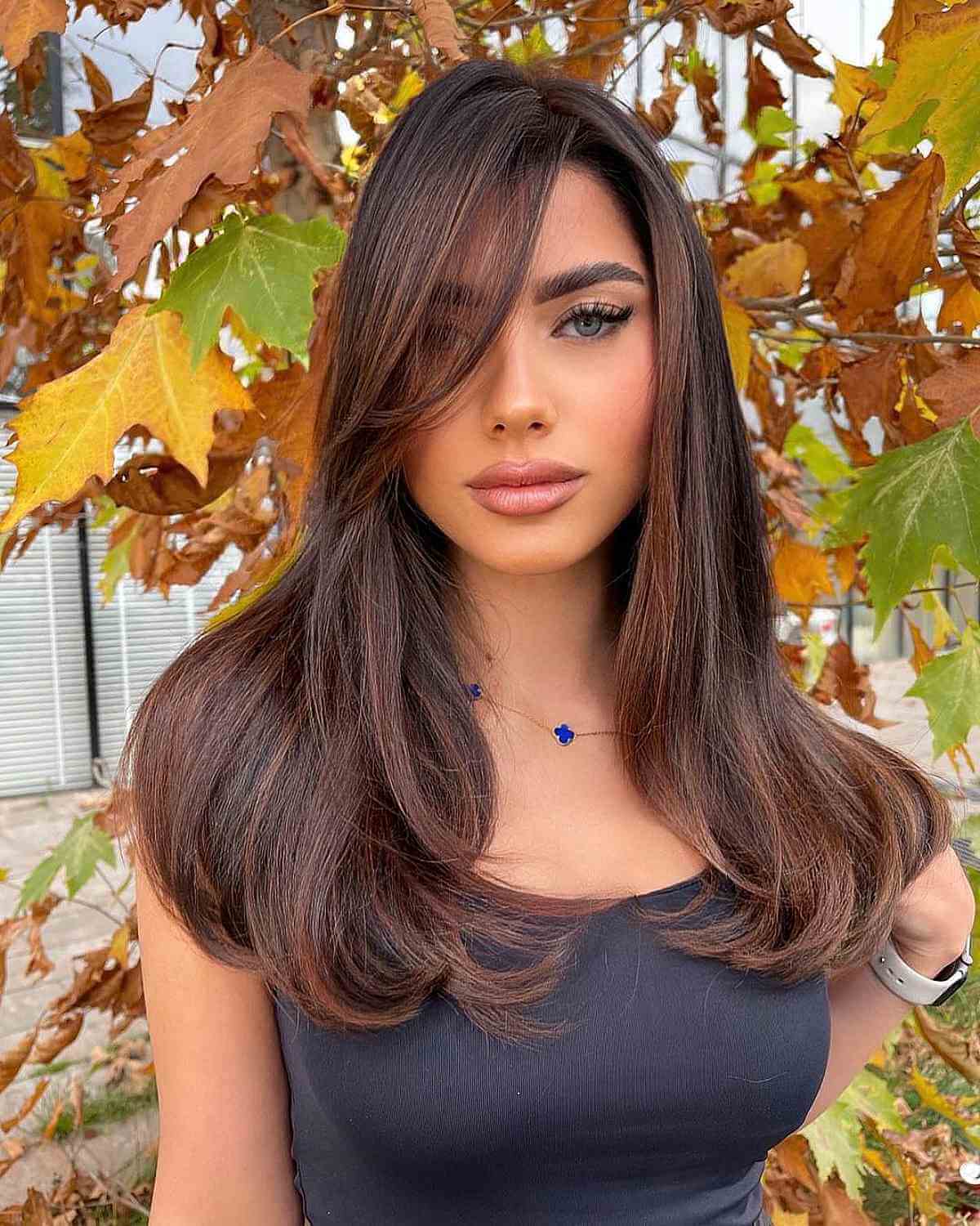 Amazing Long Brunette Straight Hair with Side Bangs