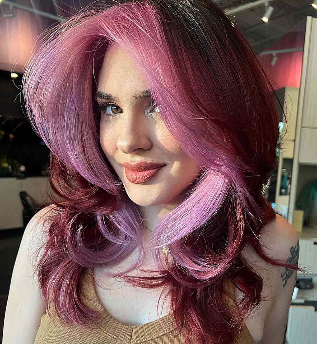 Amazing Plum Colored Hair with a Pink Money Piece for girls with straight hair