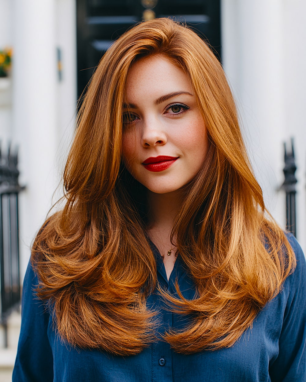 Voluminous amber red long layered haircut with bouncy ends and side parting