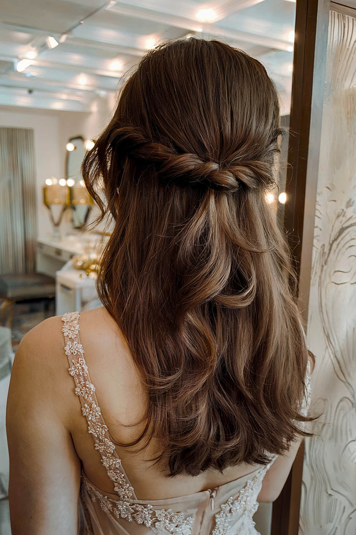 Twisted half-up wedding hairstyle for fine hair