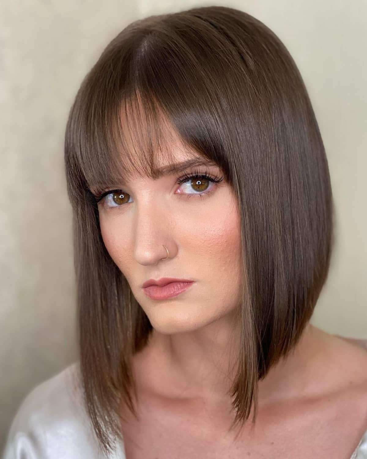 Angled and inverted bob with bangs