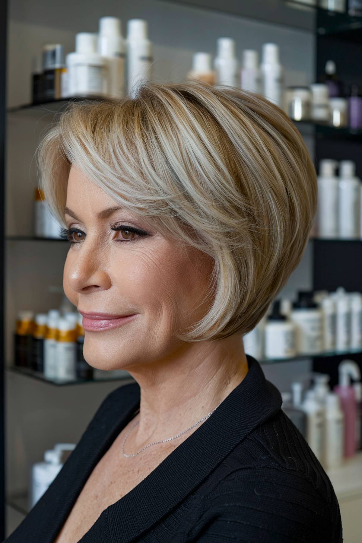 Angled bob with soft layers, creating natural movement and added dimension, great for mature women