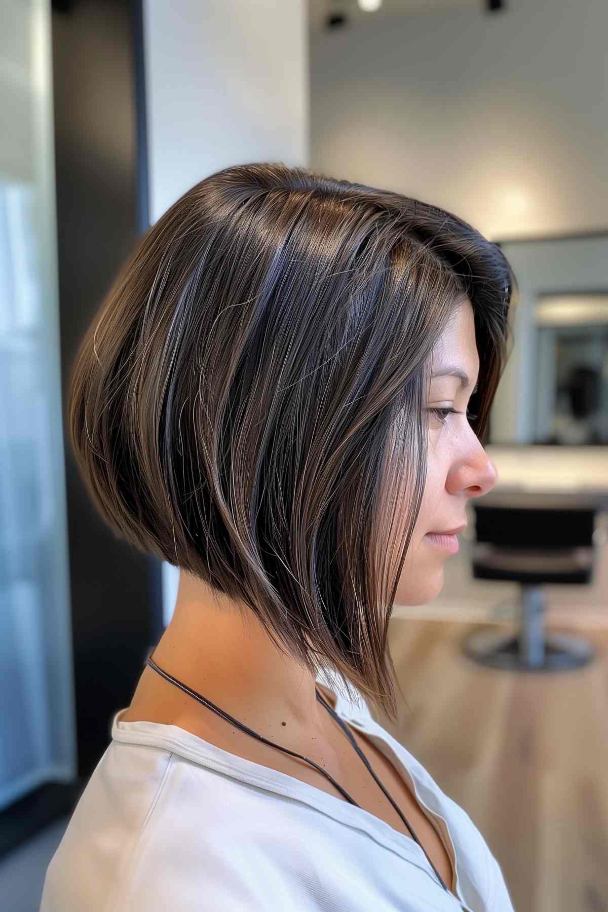 Woman with angled bob hairstyle for thick hair