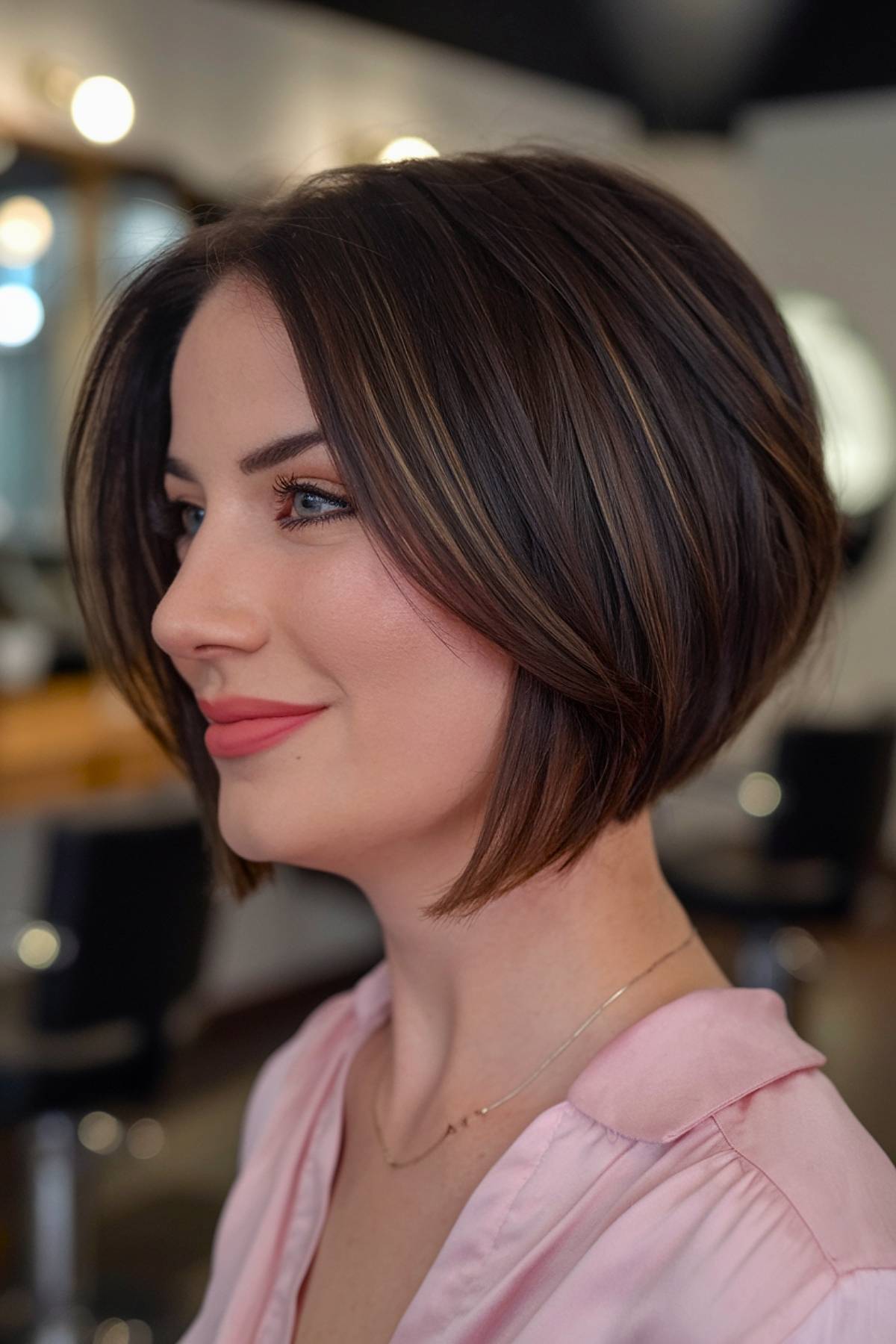 Angled bob for short dark hair, featuring sleek lines and subtle layering for volume