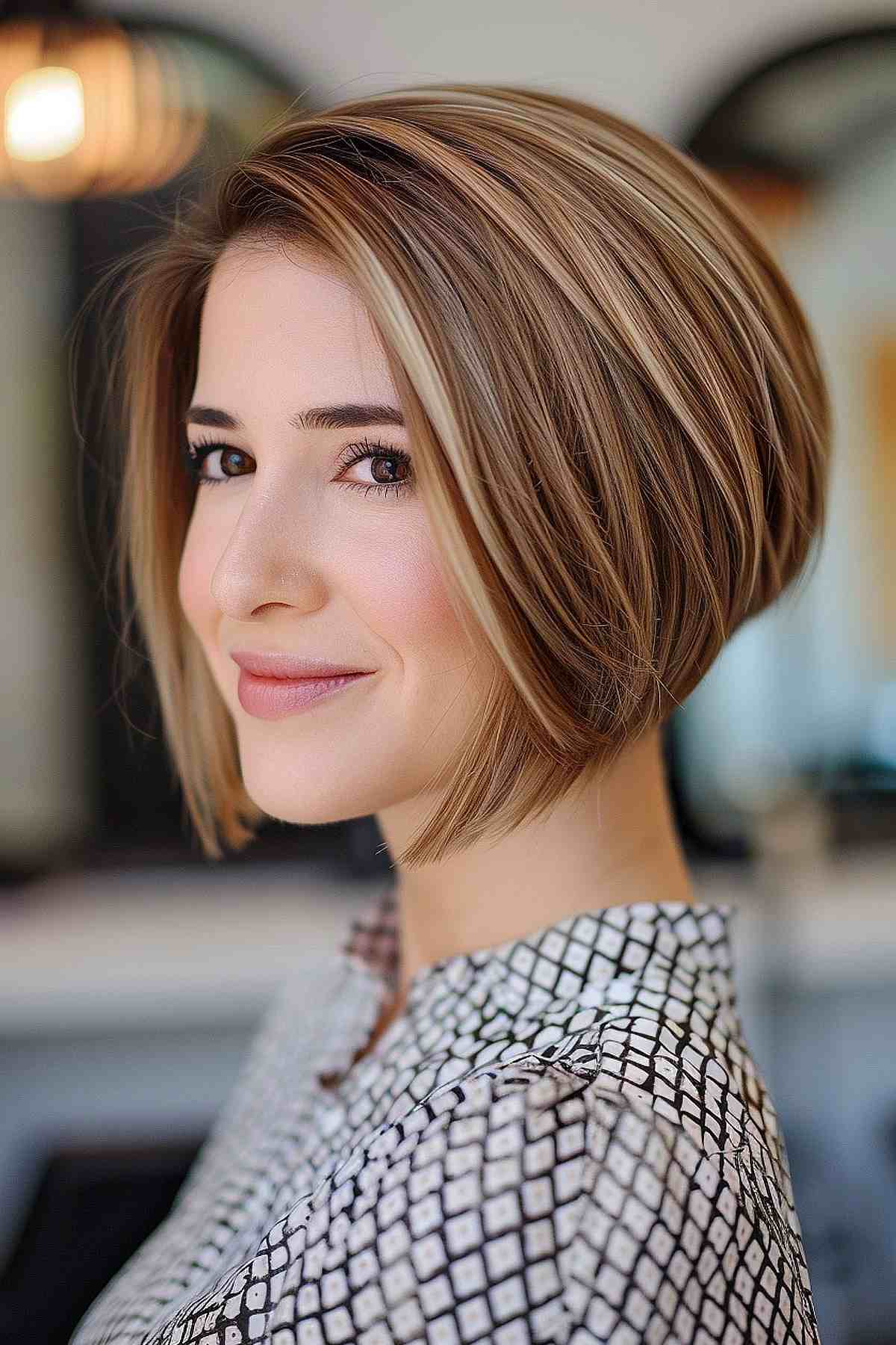 Angled chin-length bob with balayage highlights for a dynamic and vibrant look.