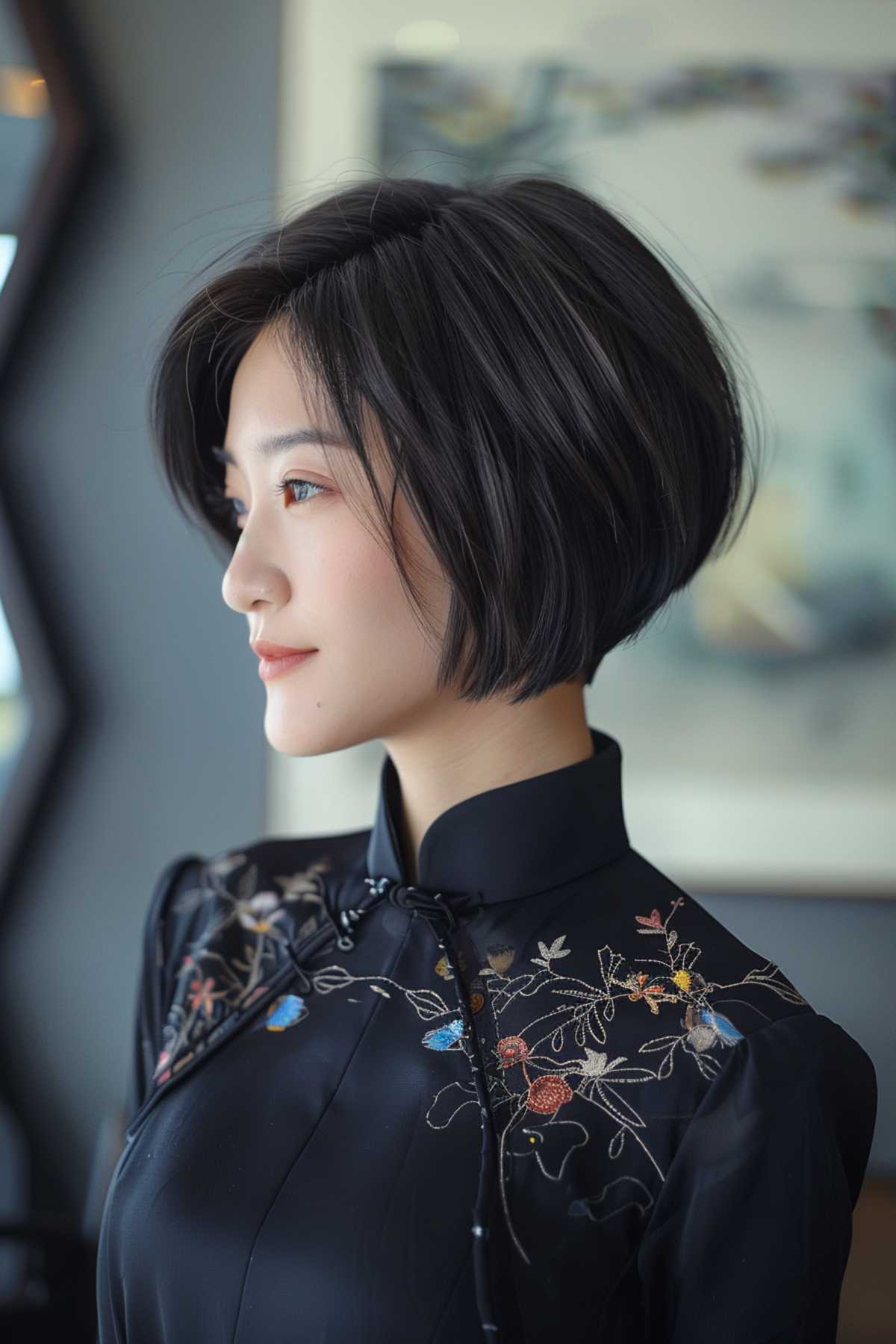 Angled short bob with longer layers in the front and shorter in the back for straight hair