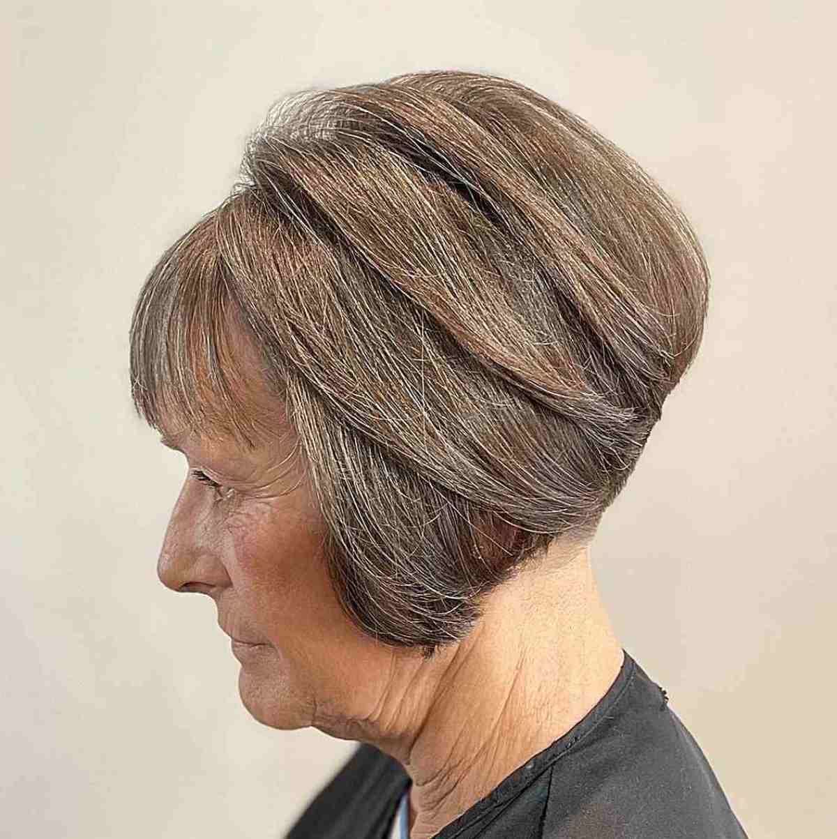 Short Angled Graduated Bob with Shaved Nape and Wispy Bangs