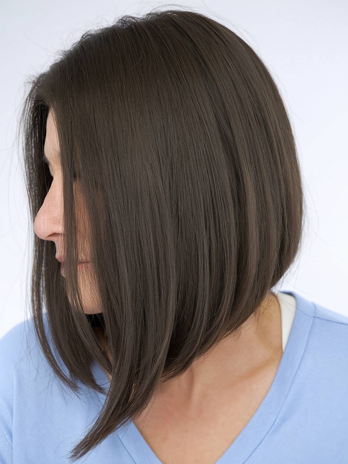 Angled lob with a sleek, smooth finish, offering a balanced and versatile style for older women