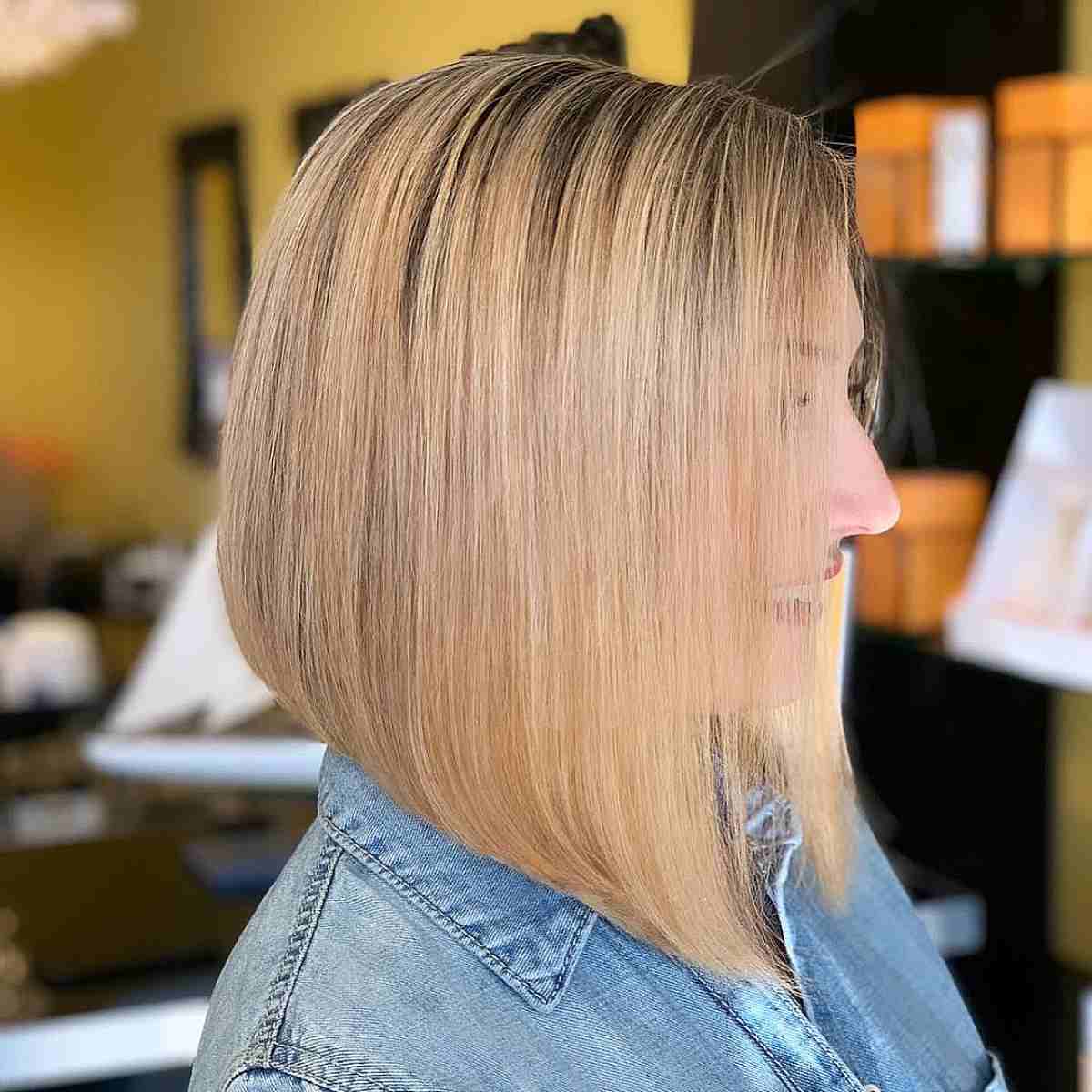 Angled lob on dark rooted blonde fine hair