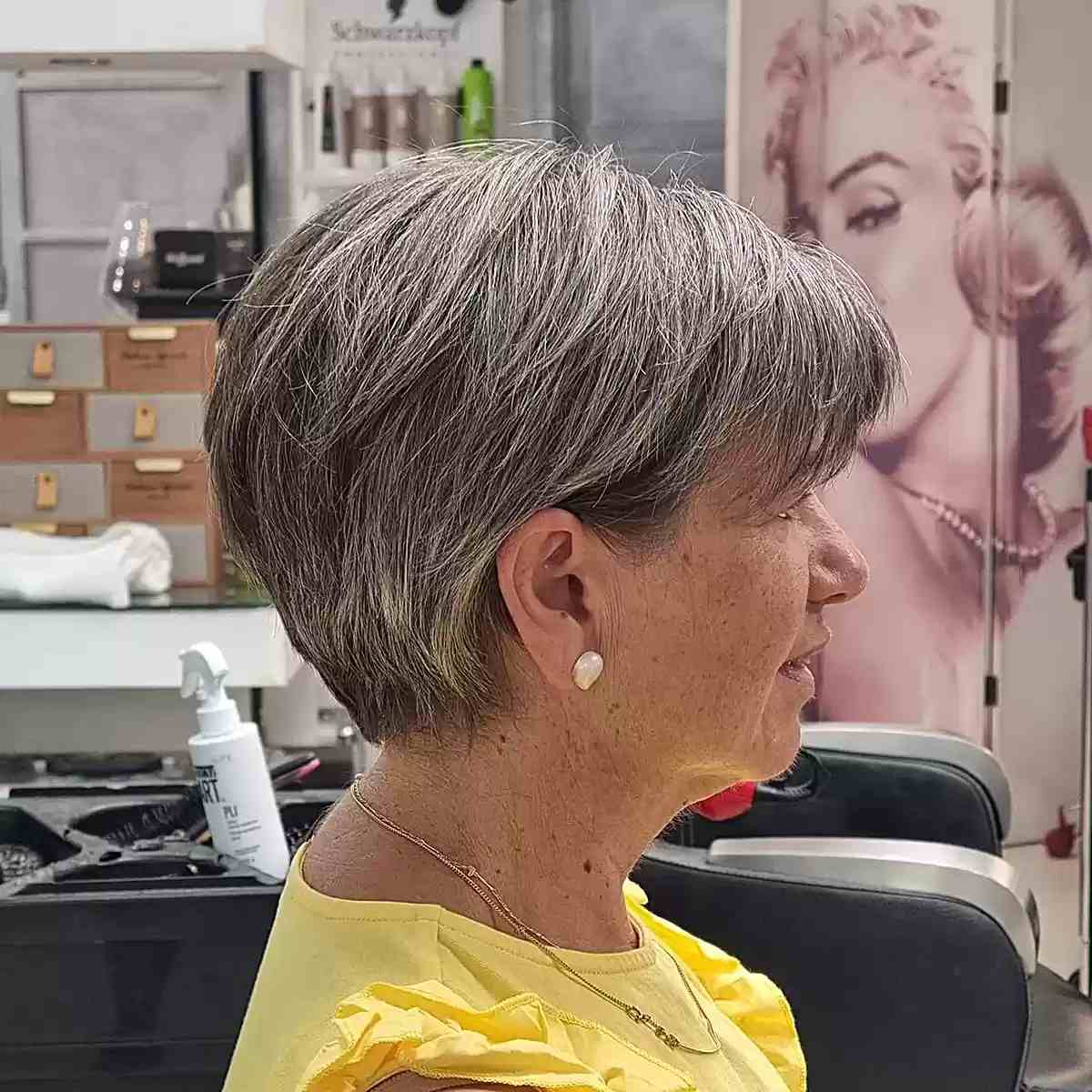 Angled Long Pixie Cut with Choppy Bangs for Older Ladies
