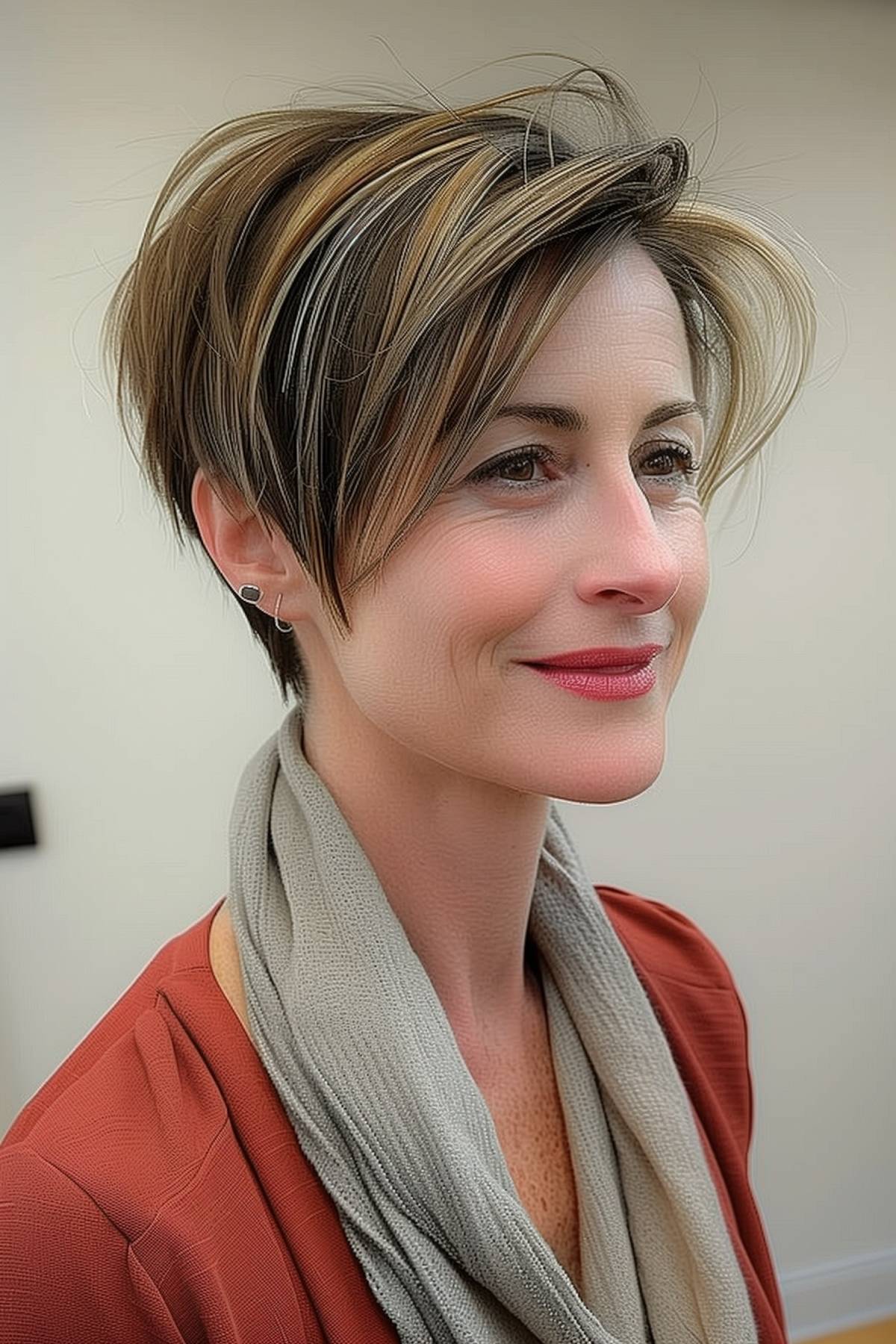 The confident woman sports an angular pixie cut with sharp layers, creating a modern and stylish profile.